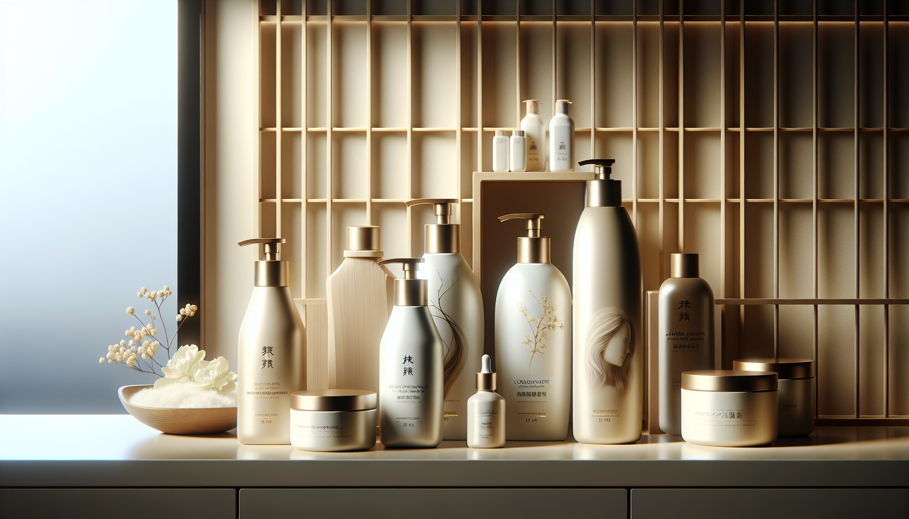 Luxury shampoo and conditioner bottles for aging hair, arranged on a shelf for hair care comparison