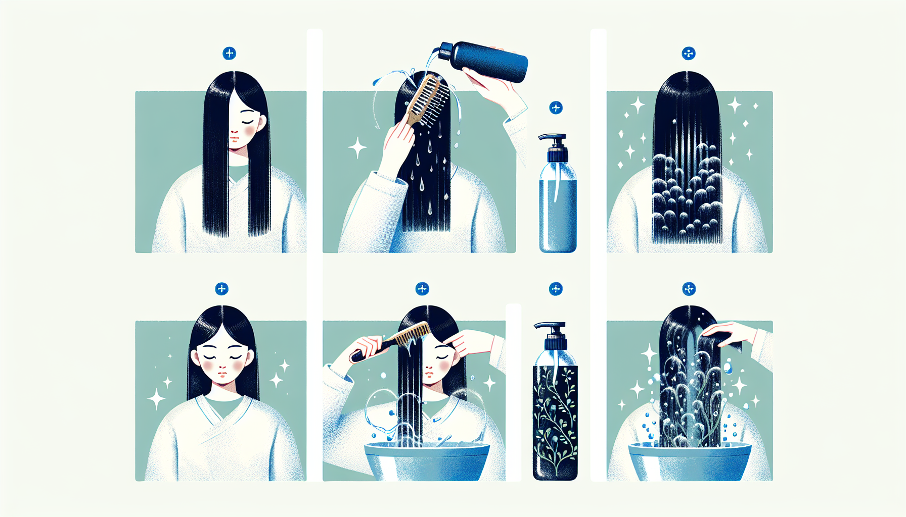 Step-by-step guide for washing hair with amino acid shampoo using visual illustrations.