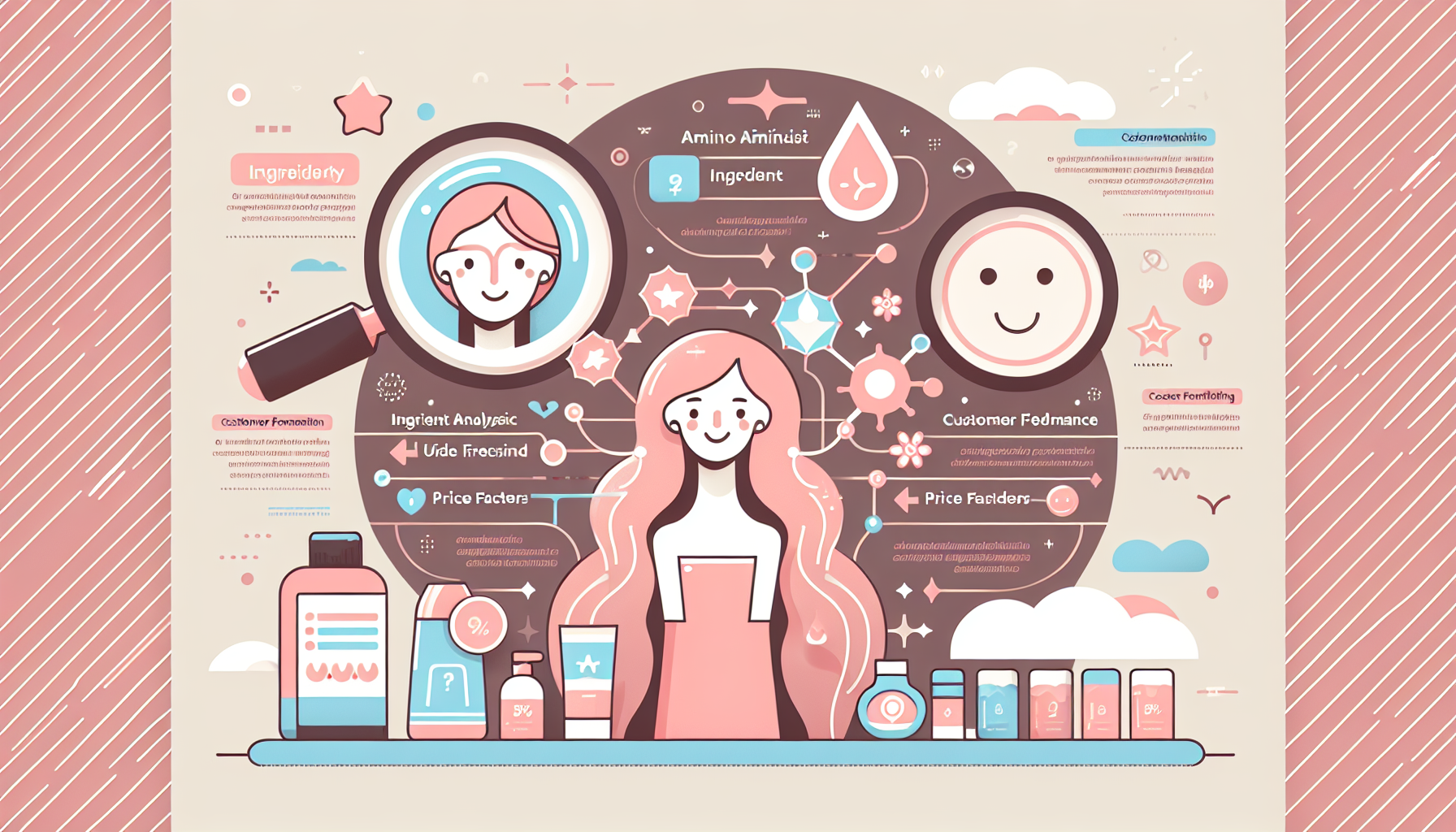 Infographic illustrating the key points for selecting amino acid shampoos including ingredient checking, user experience, and cost.