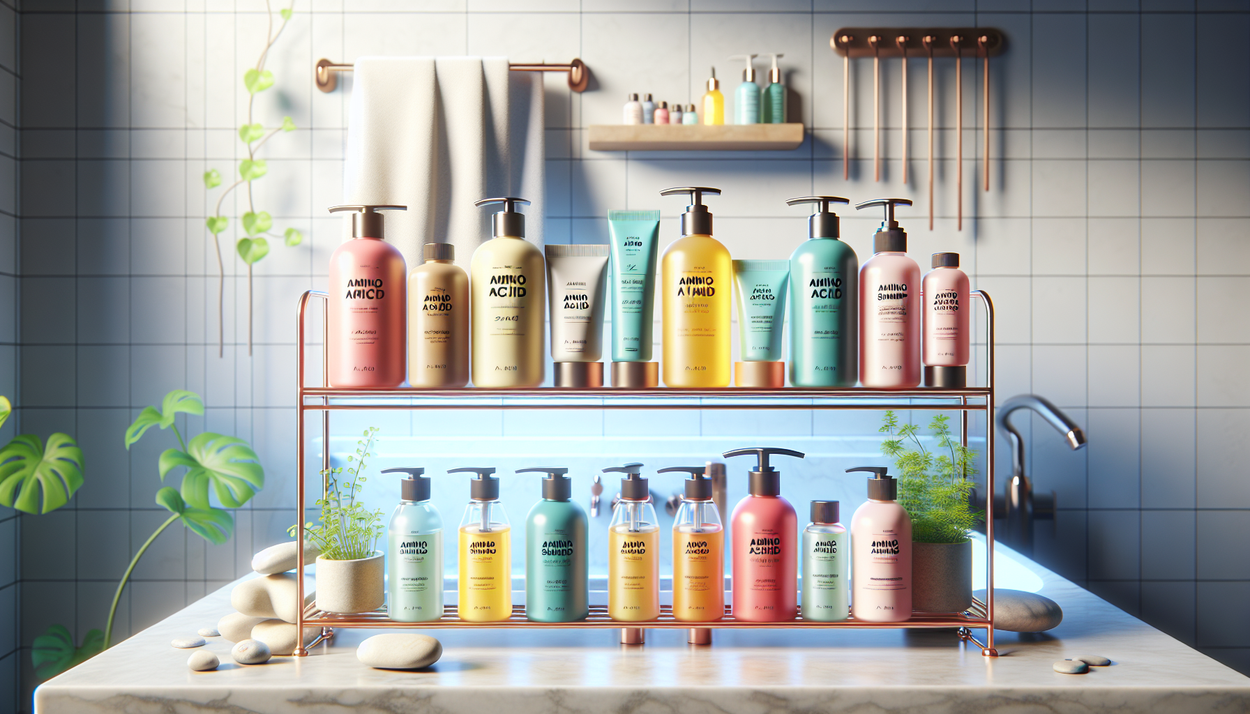 Various types of amino acid shampoos on a shelf emphasizing their quality and organic nature.
