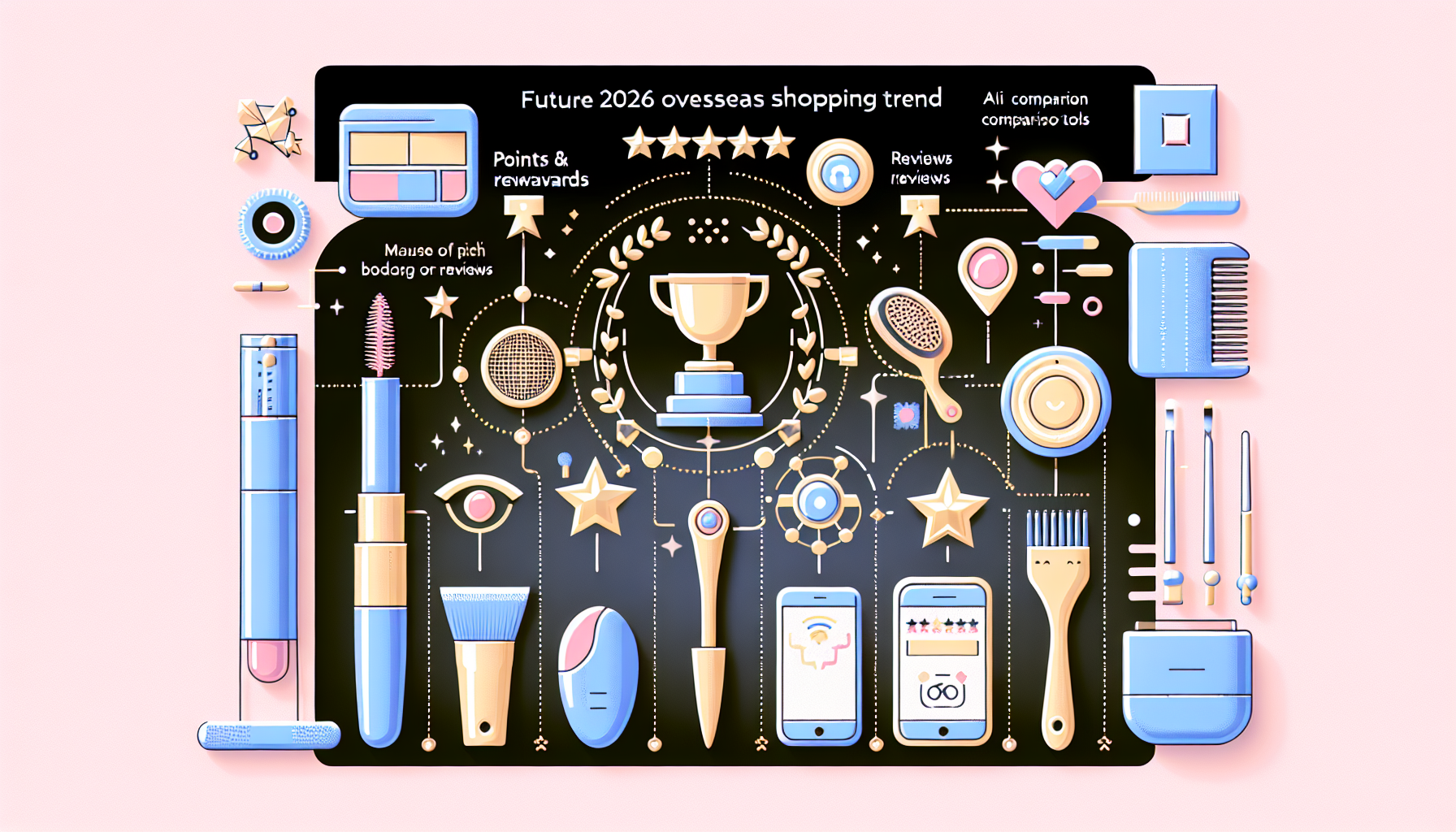 Infographic of overseas shopping trends, highlighting points rewards, reviews, and AI comparison tools for 2026.