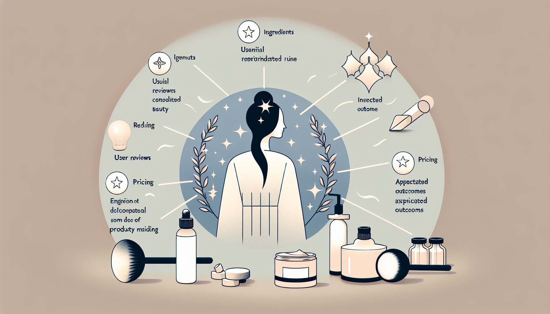 Illustration depicting key points for choosing beauty products, including ingredients, reviews, and effects.
