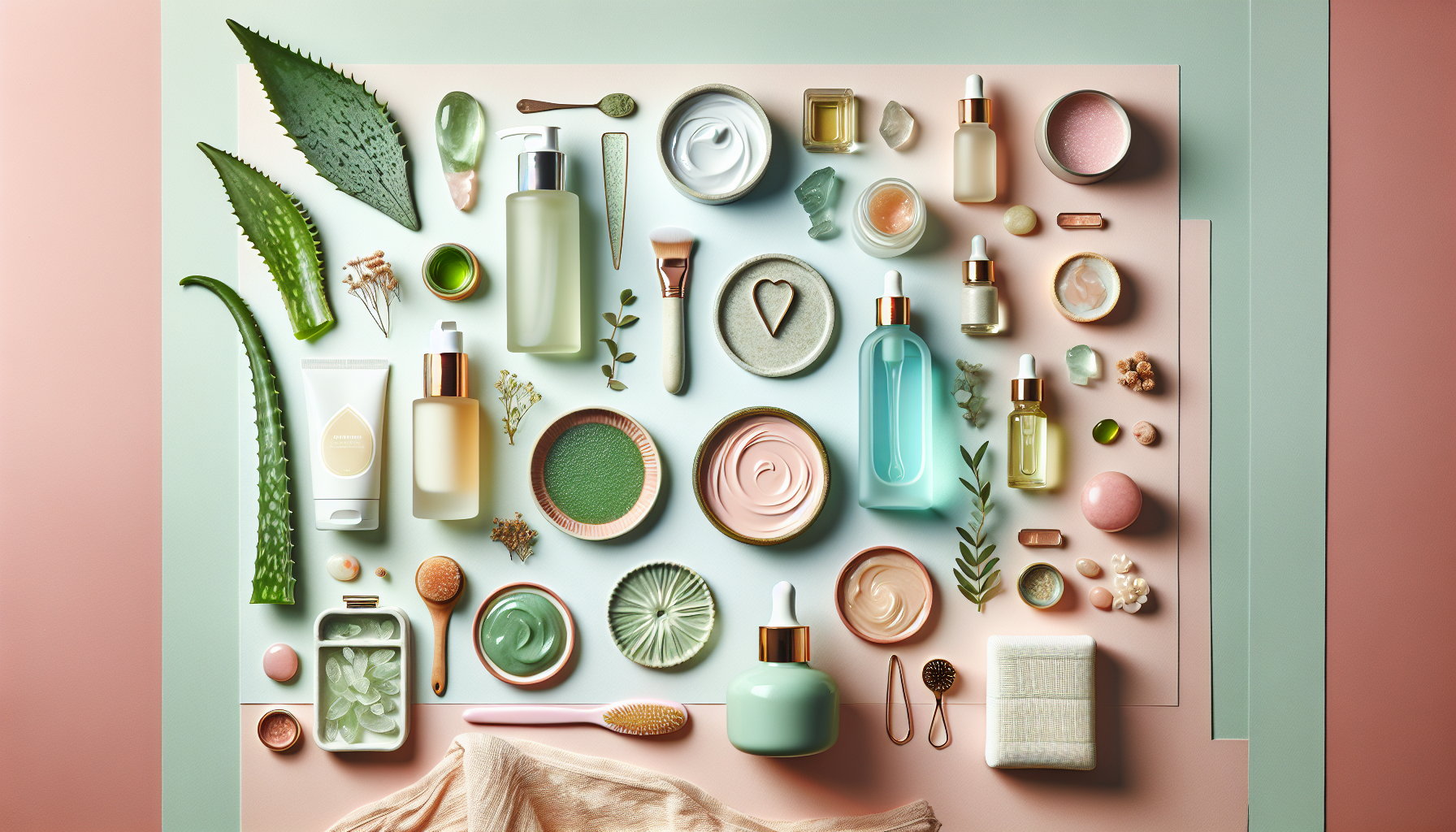 Flat lay of natural beauty products on a pastel background, showcasing skincare items and organic ingredients.