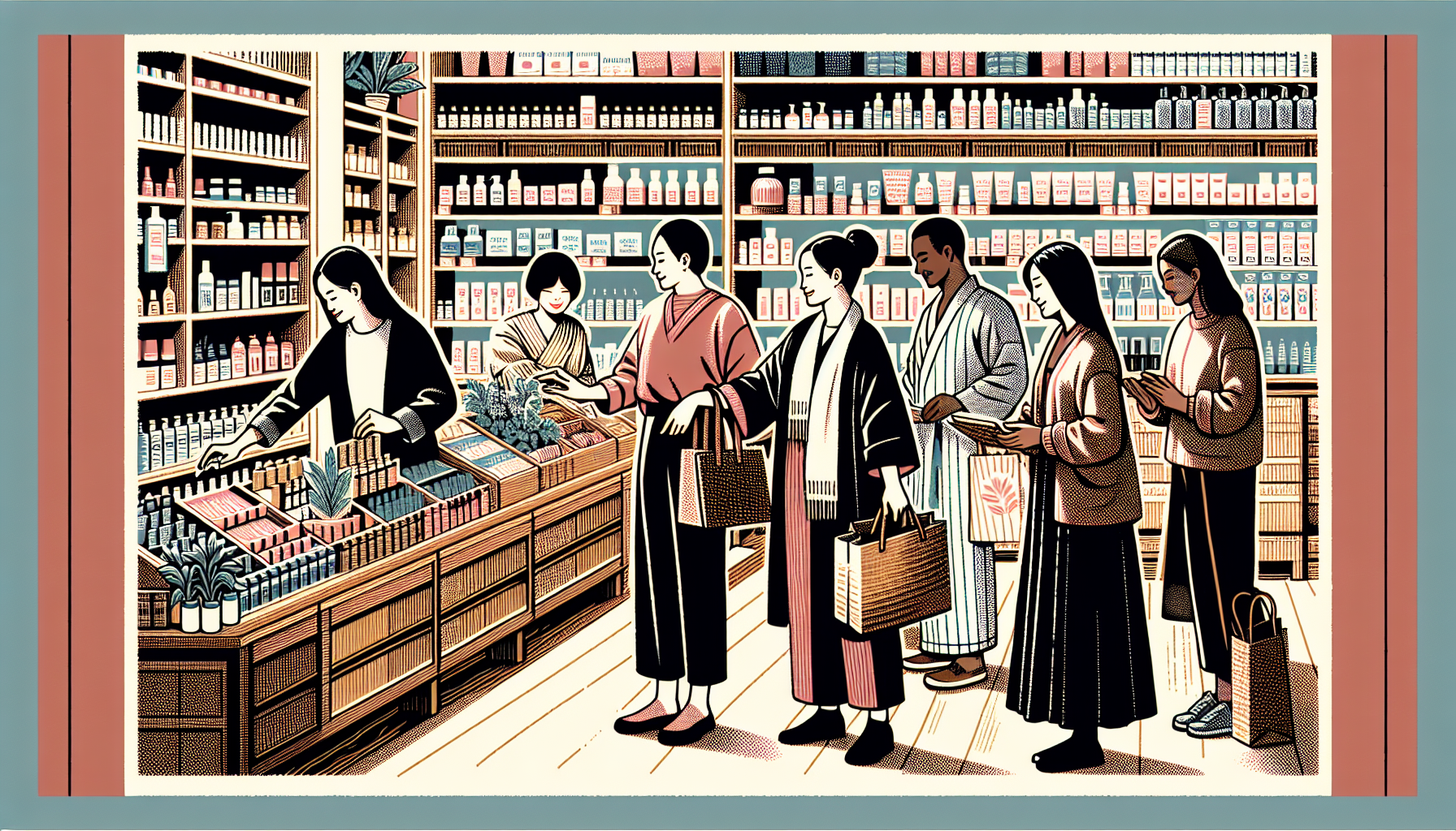Diverse group selecting beauty products in a store.