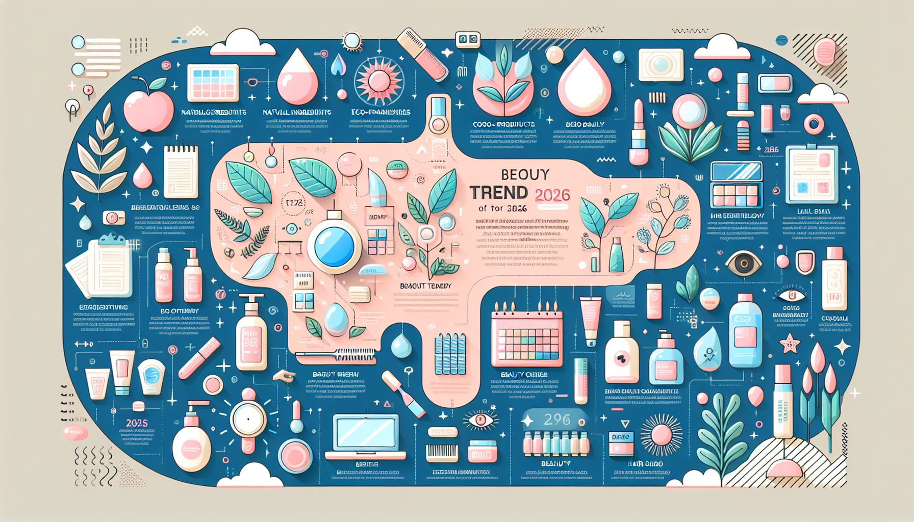 Infographic depicting the beauty trends of 2026 with focus on natural and eco-friendly products.