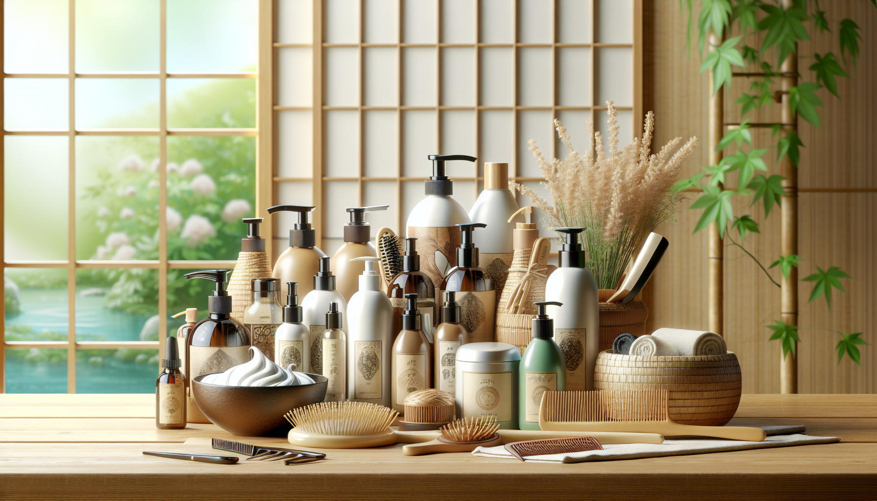 Aesthetic arrangement of various hair care products on a wooden table.
