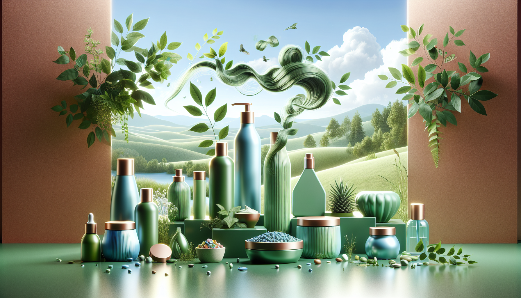 Illustration of eco-friendly hair care products symbolizing 2026 trends in sustainability and organic ingredients.