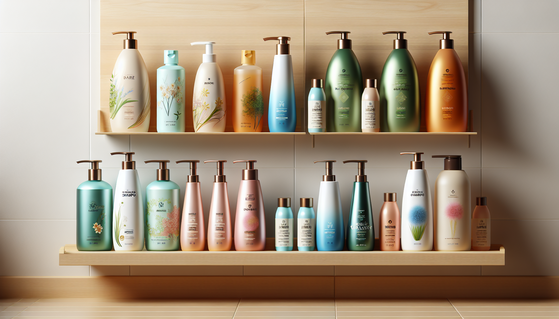 An assortment of salon-quality shampoos displayed on a wooden shelf in a bathroom.