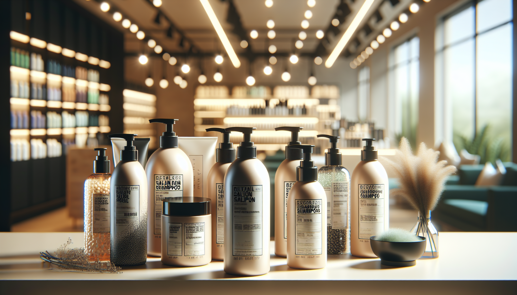 A close-up view of popular retail salon shampoos with modern packaging.