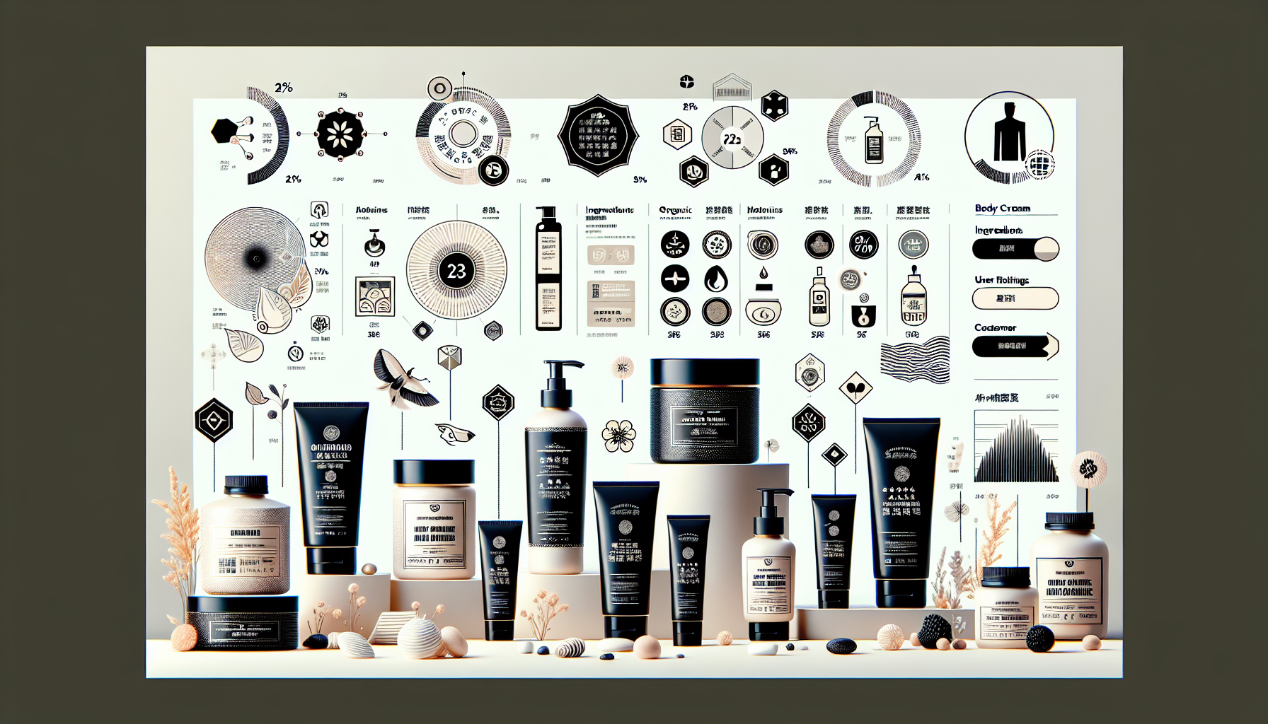 Infographic comparing popular body cream brands with ingredients, ratings, and packaging styles.