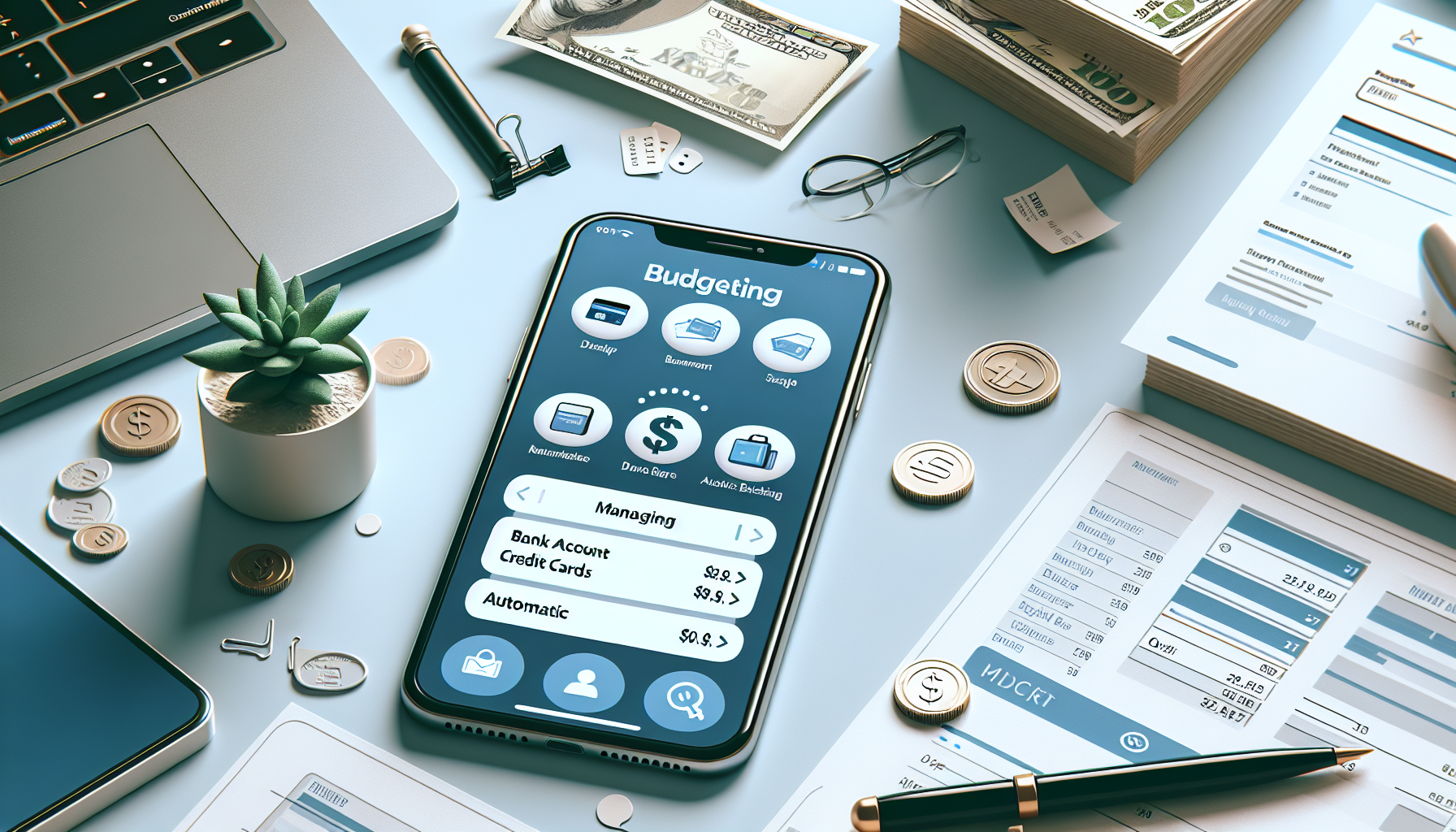 Modern budgeting app interface on smartphone with financial management elements.