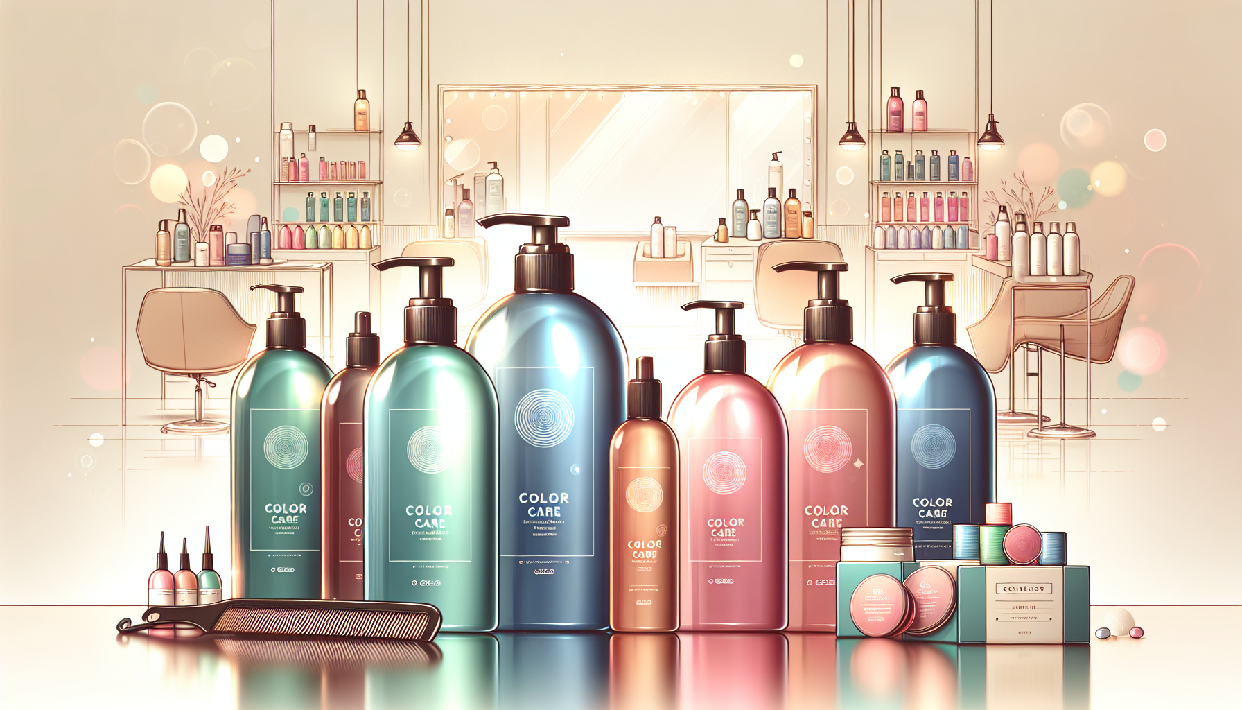 A collection of color care shampoos arranged attractively in a salon setting.