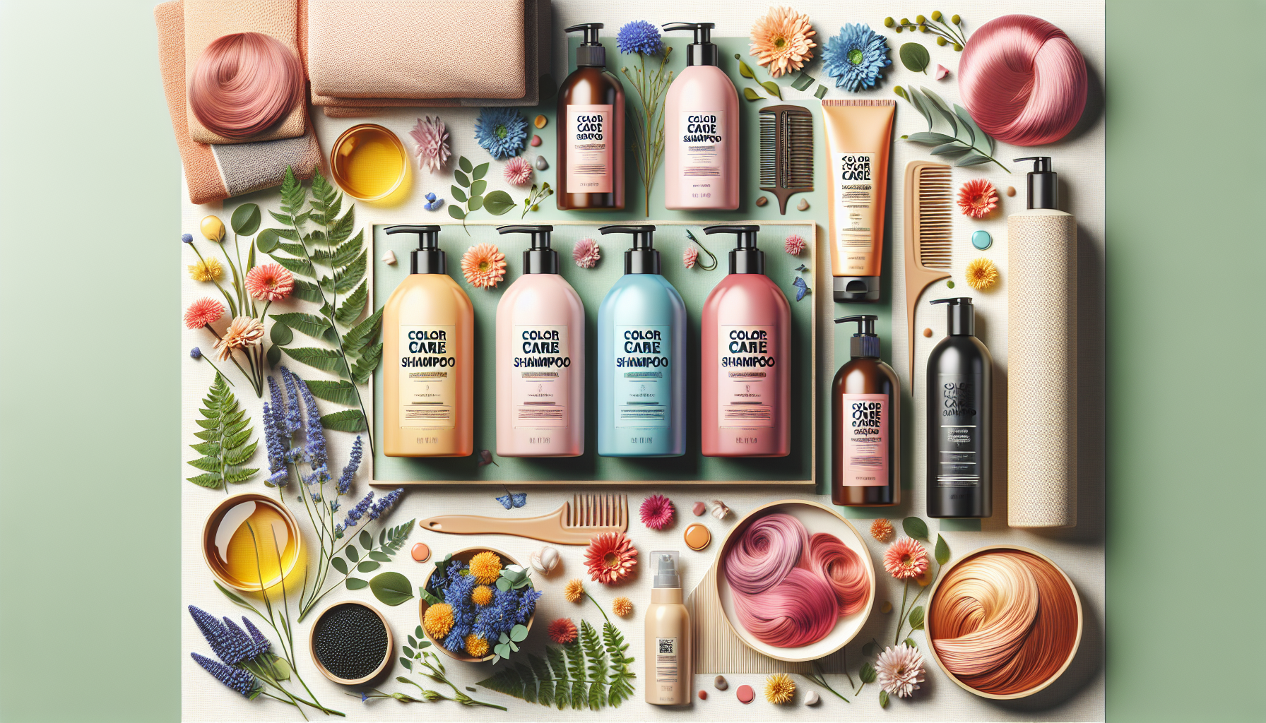 Flat lay image of color care shampoo products with natural elements.