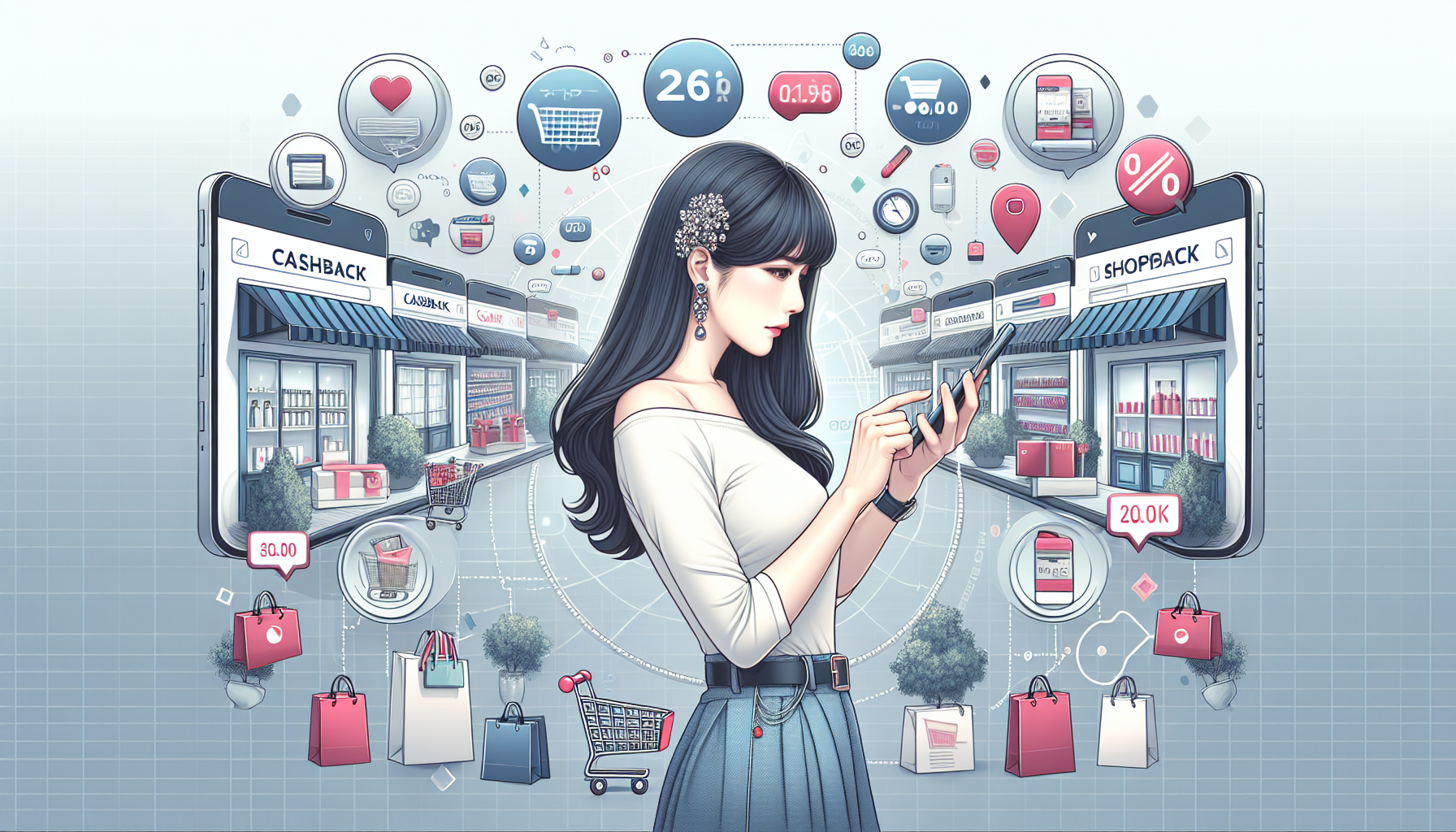 Illustration of smart shopping techniques, depicting a person shopping online with discounts and cashback icons.