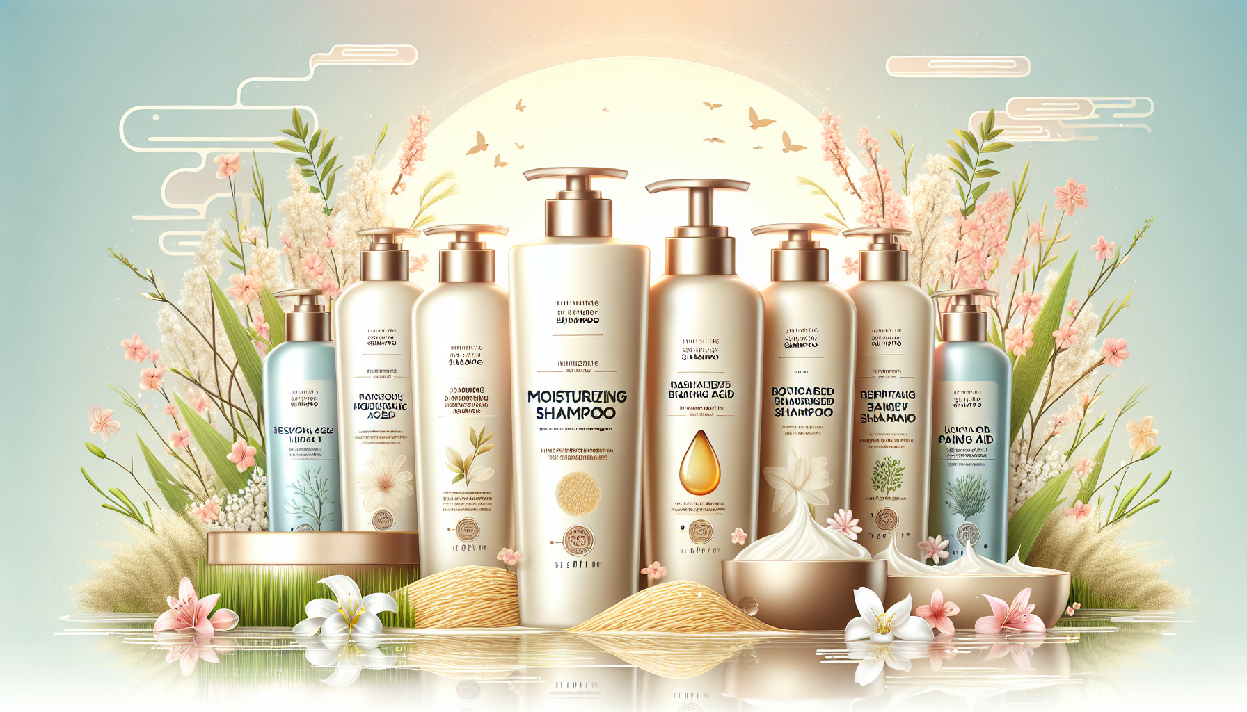Variety of moisturizing shampoos for dry hair improvement including hyaluronic acid and plant oils.