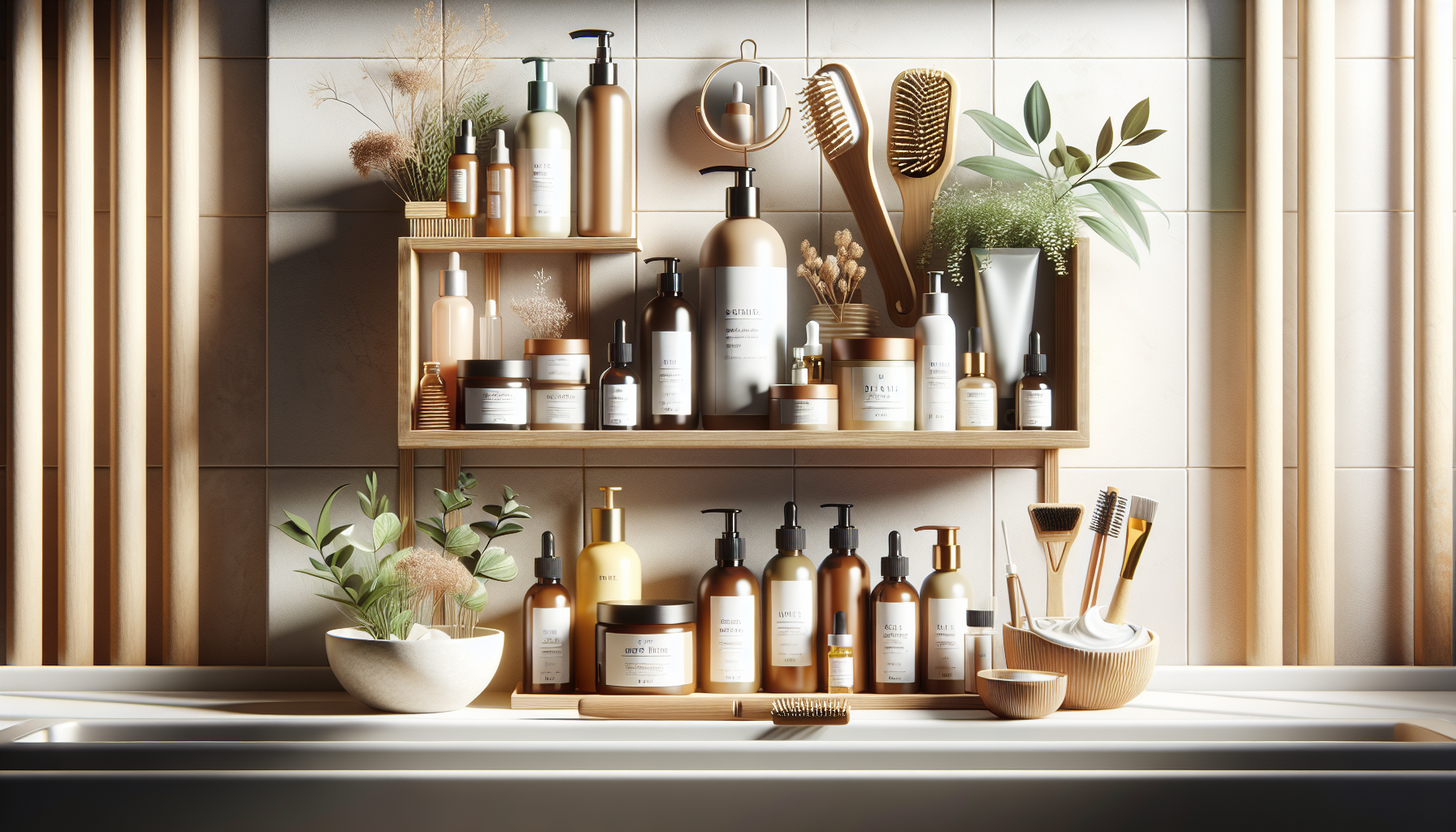 Illustration of various hair care products for intensive damage repair on a bathroom shelf.