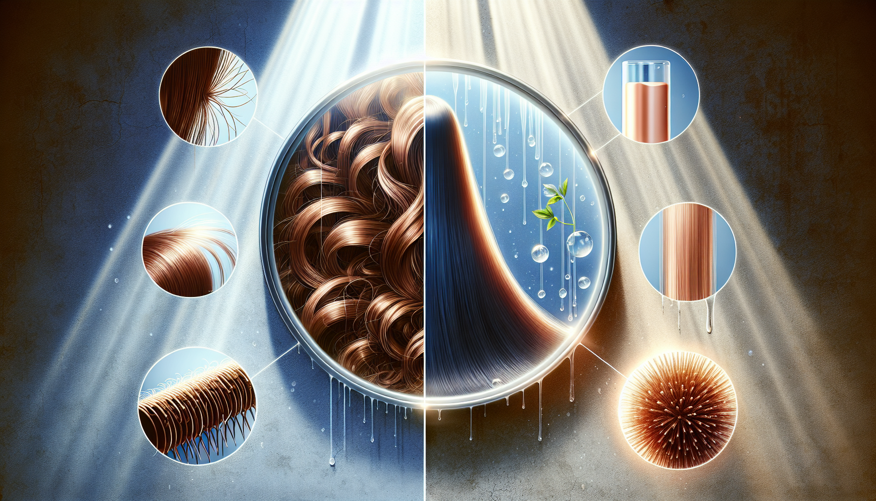 Comparison of damaged and healthy hair, showcasing the effects of hair treatments.