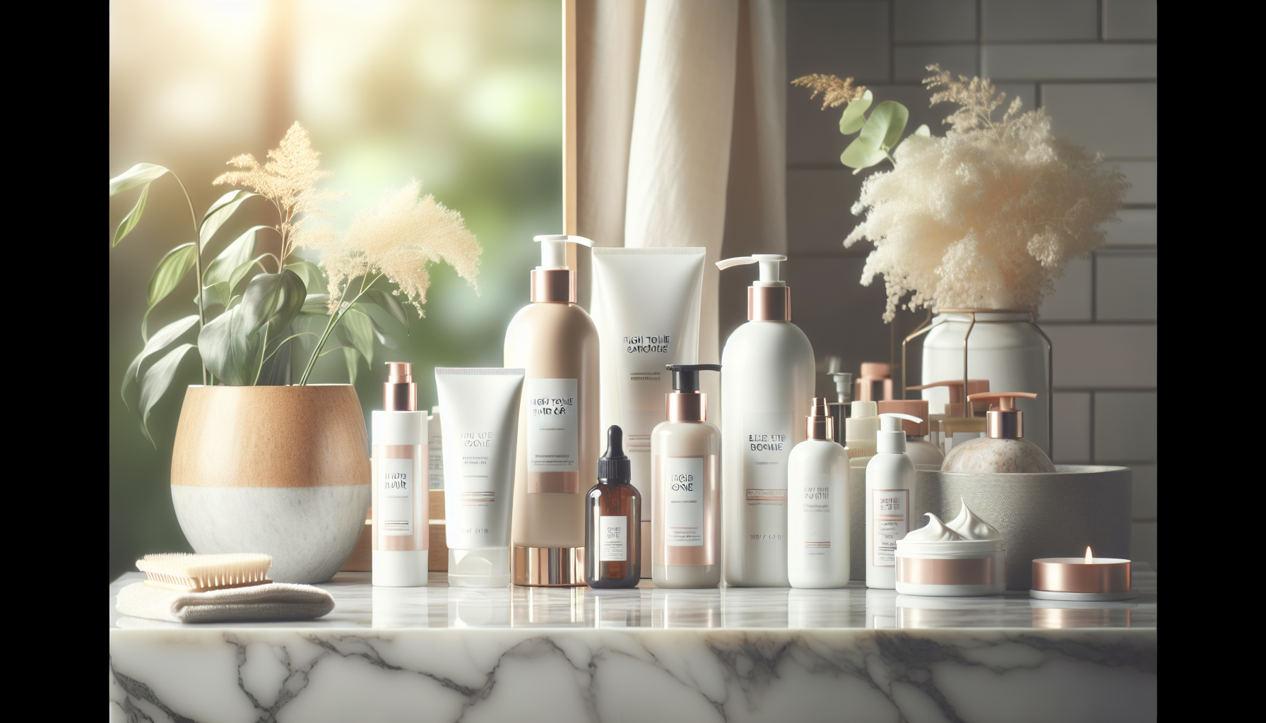 Hair care products for high-tone hair on a marble vanity.