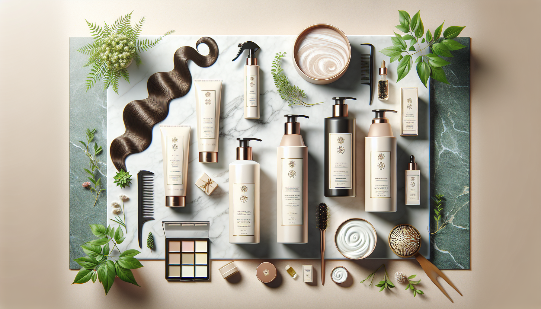 Flat lay of high-tone hair care products on marble surface, showcasing shampoo and conditioner.