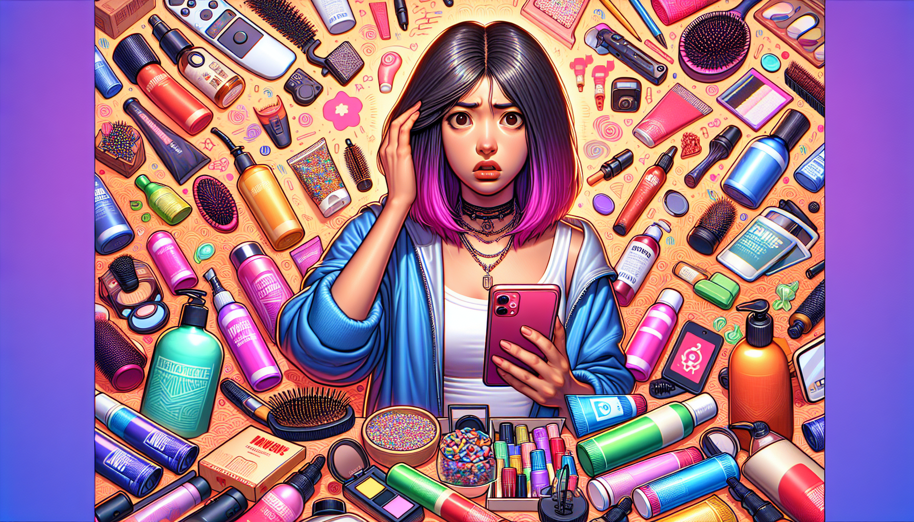 A confused beginner with products representing challenges in starting live commerce.