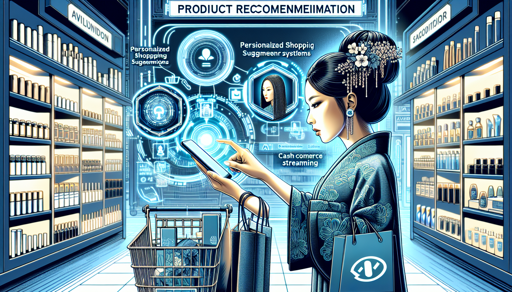 Illustration of AI-driven personalized shopping, live commerce, and cashless payment methods representing 2026 ecommerce trends.