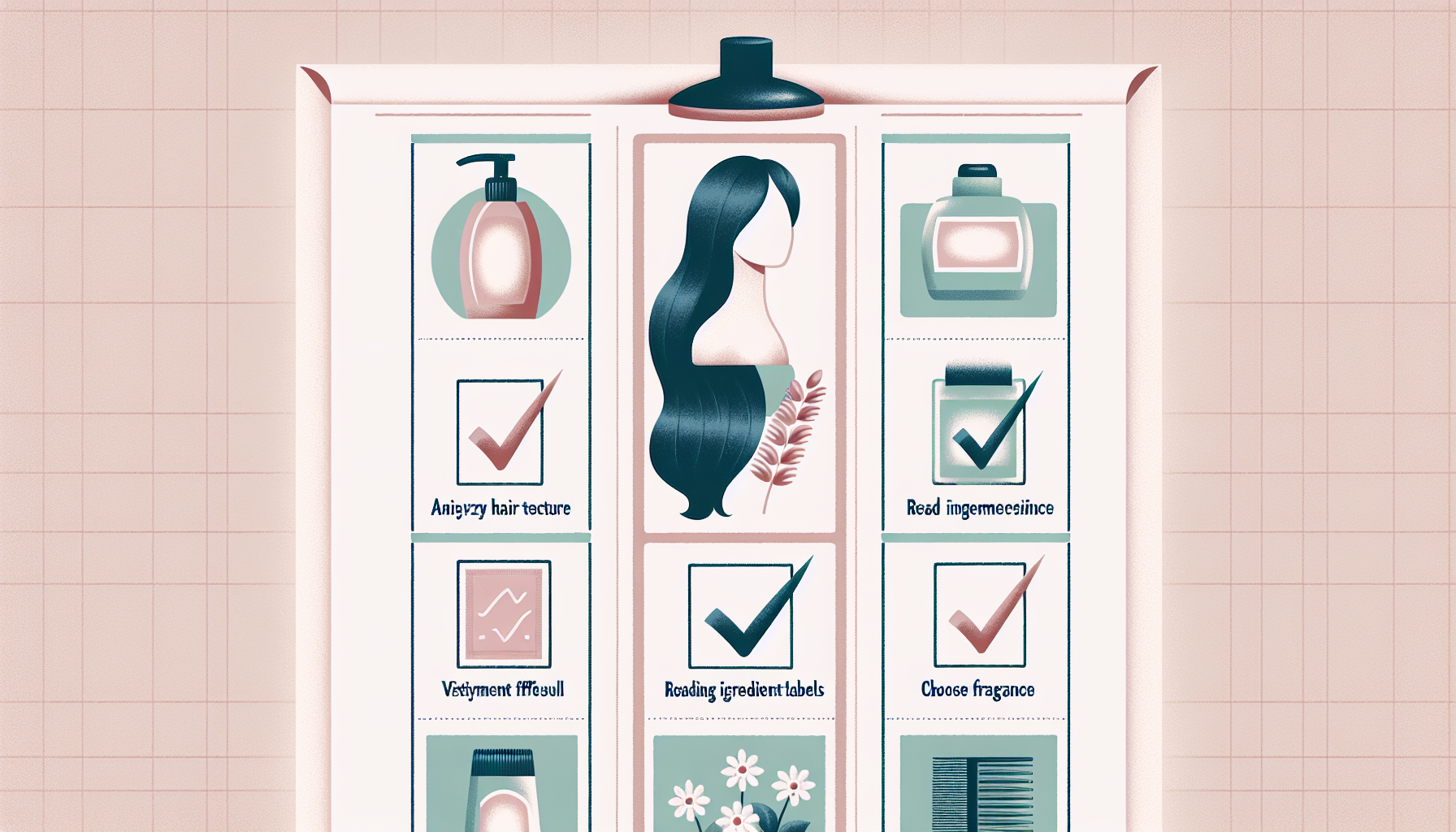 Checklist for choosing the right shampoo with icons for each point.