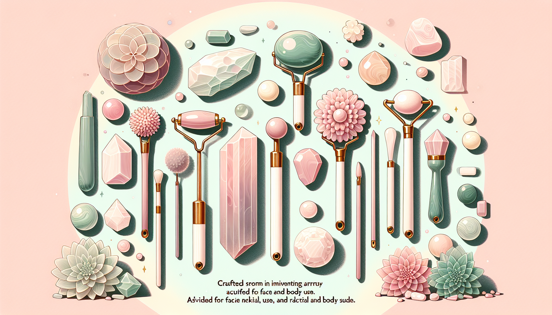 Different types of KYOGOKU kassa tools made from various materials such as jade and rose quartz, displaying unique shapes.