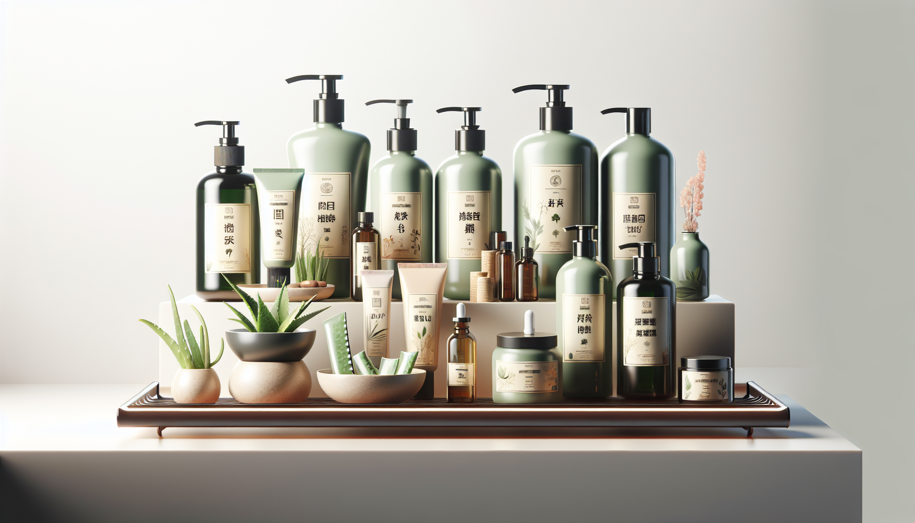 Natural hair care products and ingredients for 2026 trend, eco-friendly shampoo and conditioner bottles with aloe and herbs