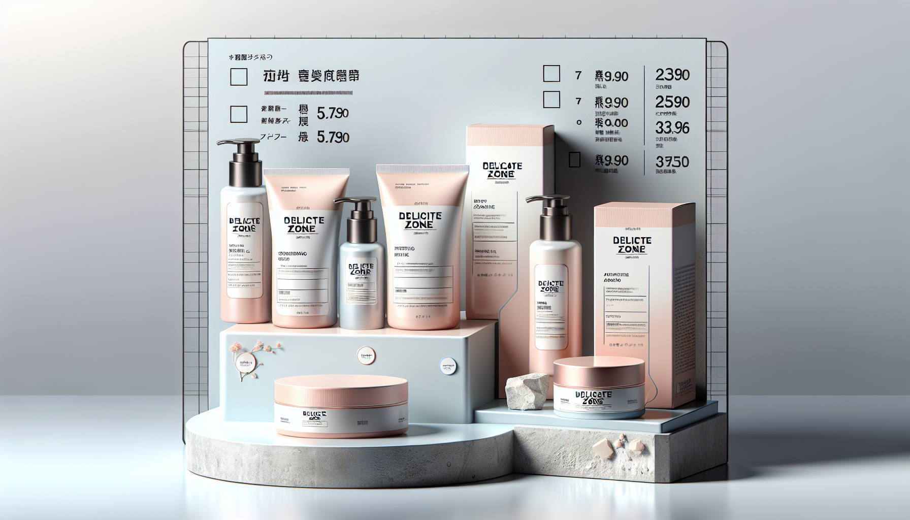 Top 5 recommended delicate zone skincare products with packaging and pricing displayed.