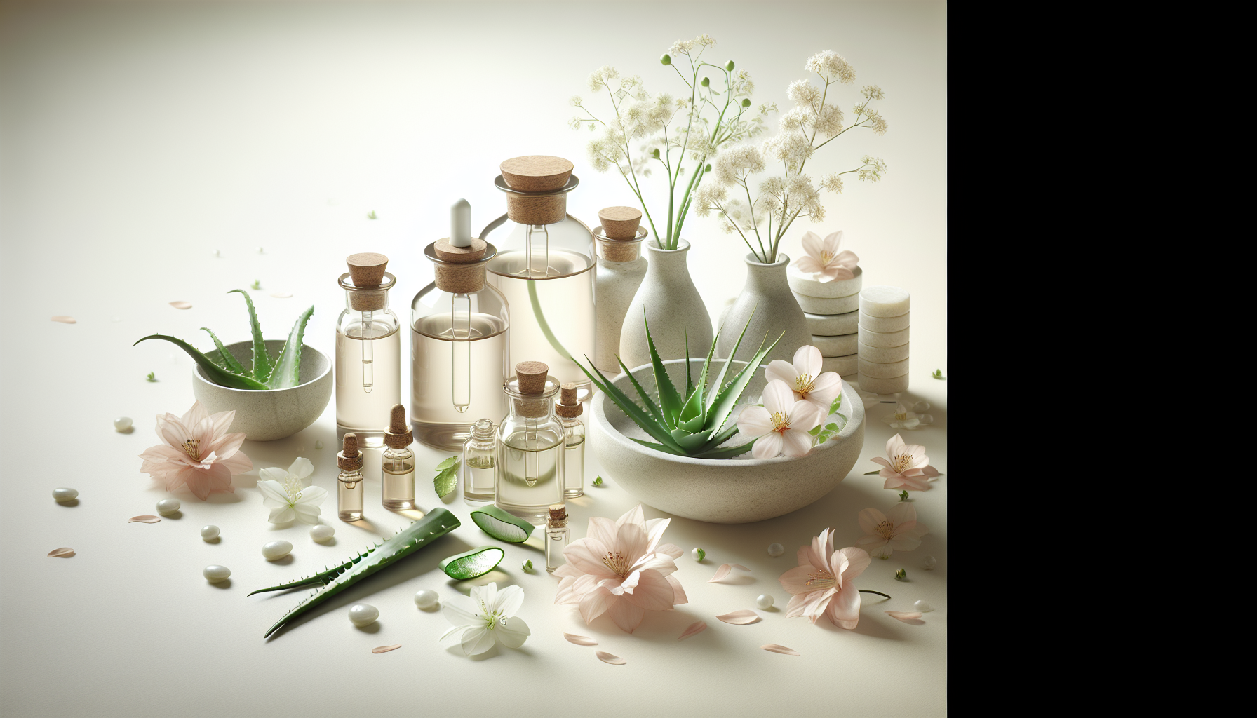 Natural ingredients used in delicate zone skincare products including flowers, aloe vera, and essential oils.