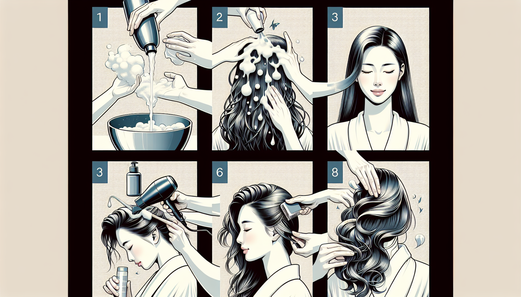 Illustration of a step-by-step hair care routine including shampooing, treatment application, blow drying, and styling.