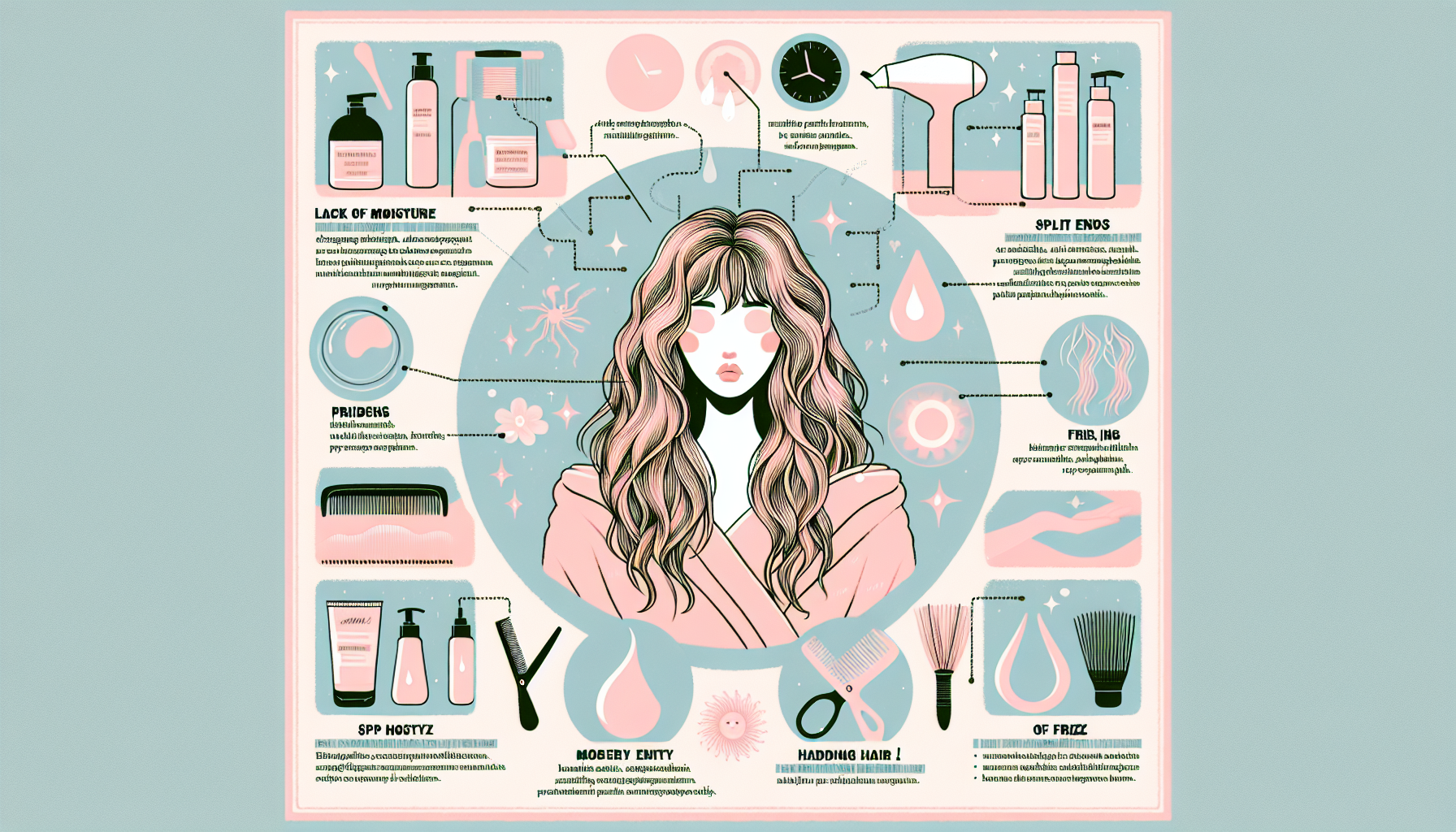Infographic illustrating common hair problems such as dryness, split ends, frizz, and color fading.