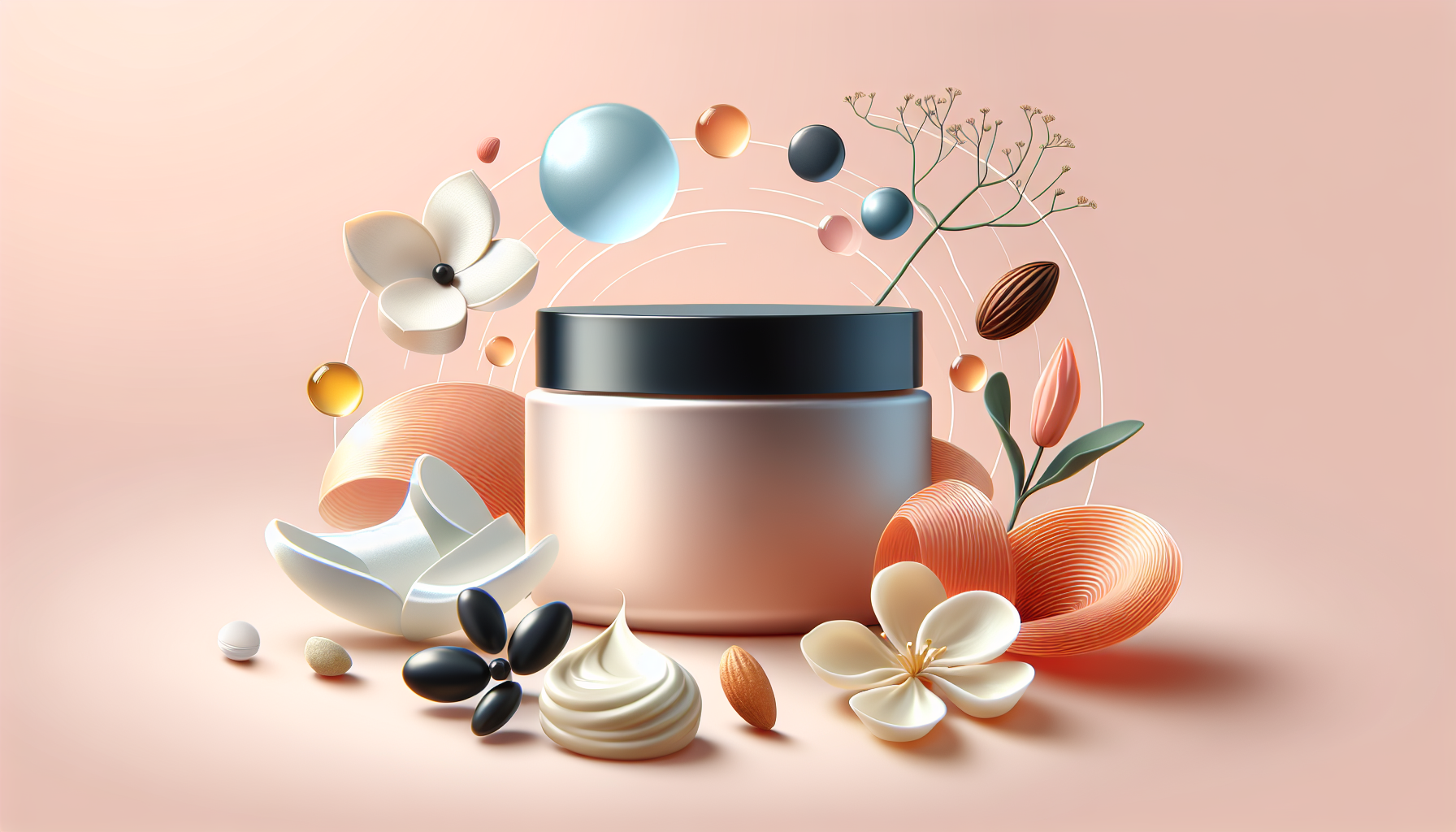 Ingredients of a hair mask including silk proteins and keratin in an aesthetic display.