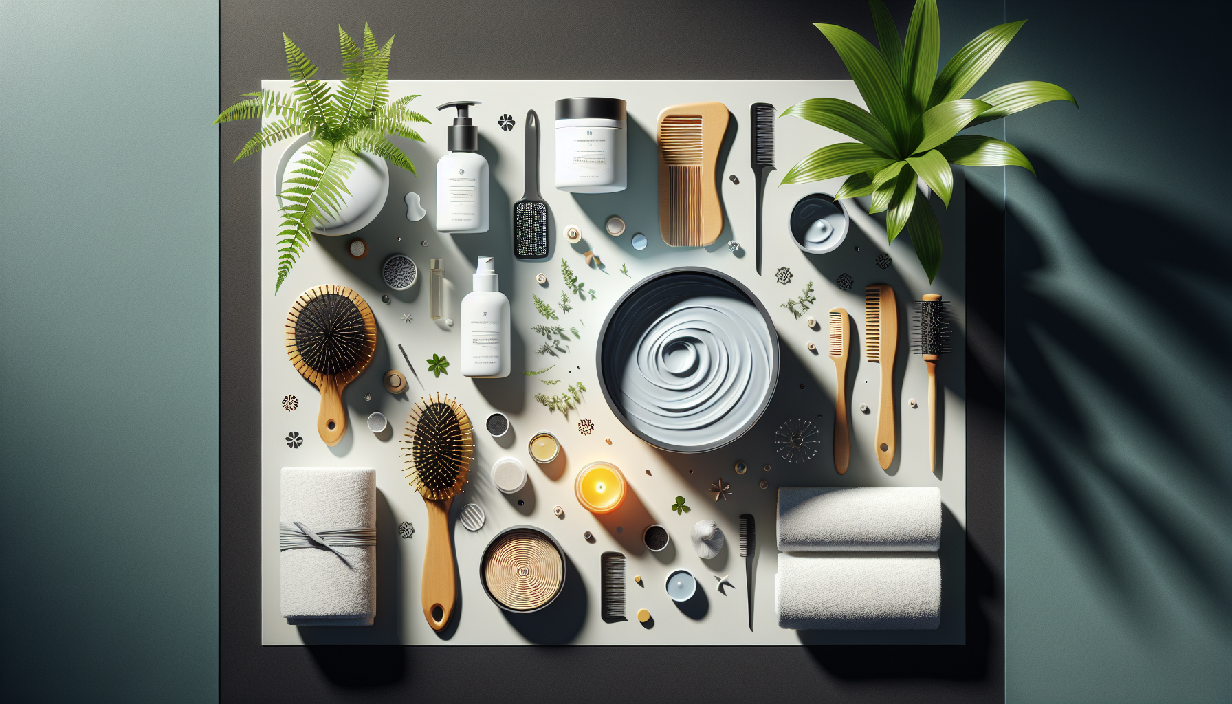 Recommended hair masks arranged in a flat lay style with beauty tools and plants.