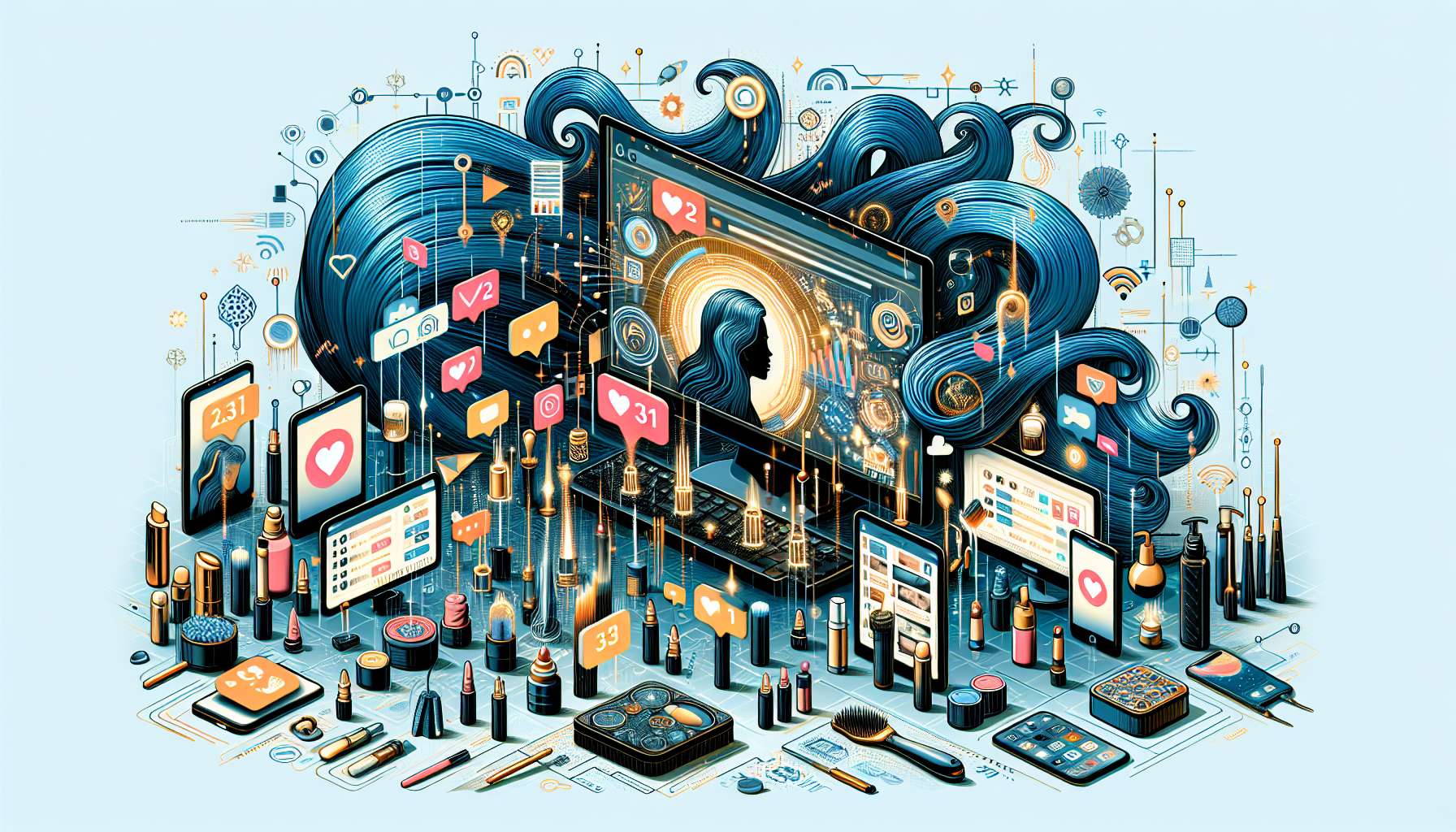 High-tech live streaming scene with multiple devices and social media icons for live commerce trends 2026