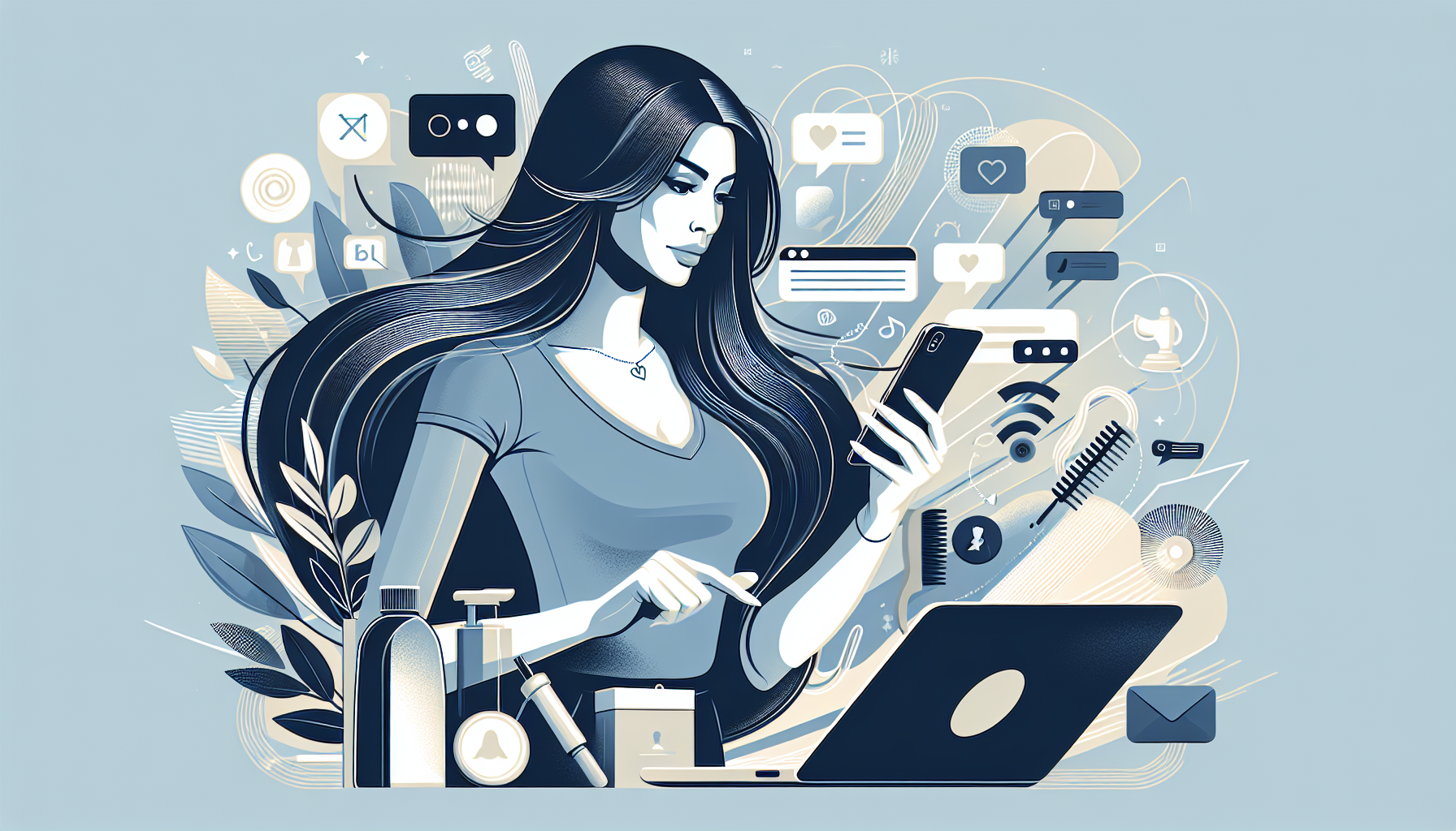Illustration of person using smartphone and laptop for social media shopping, representing TikTok and Instagram trends in 2026