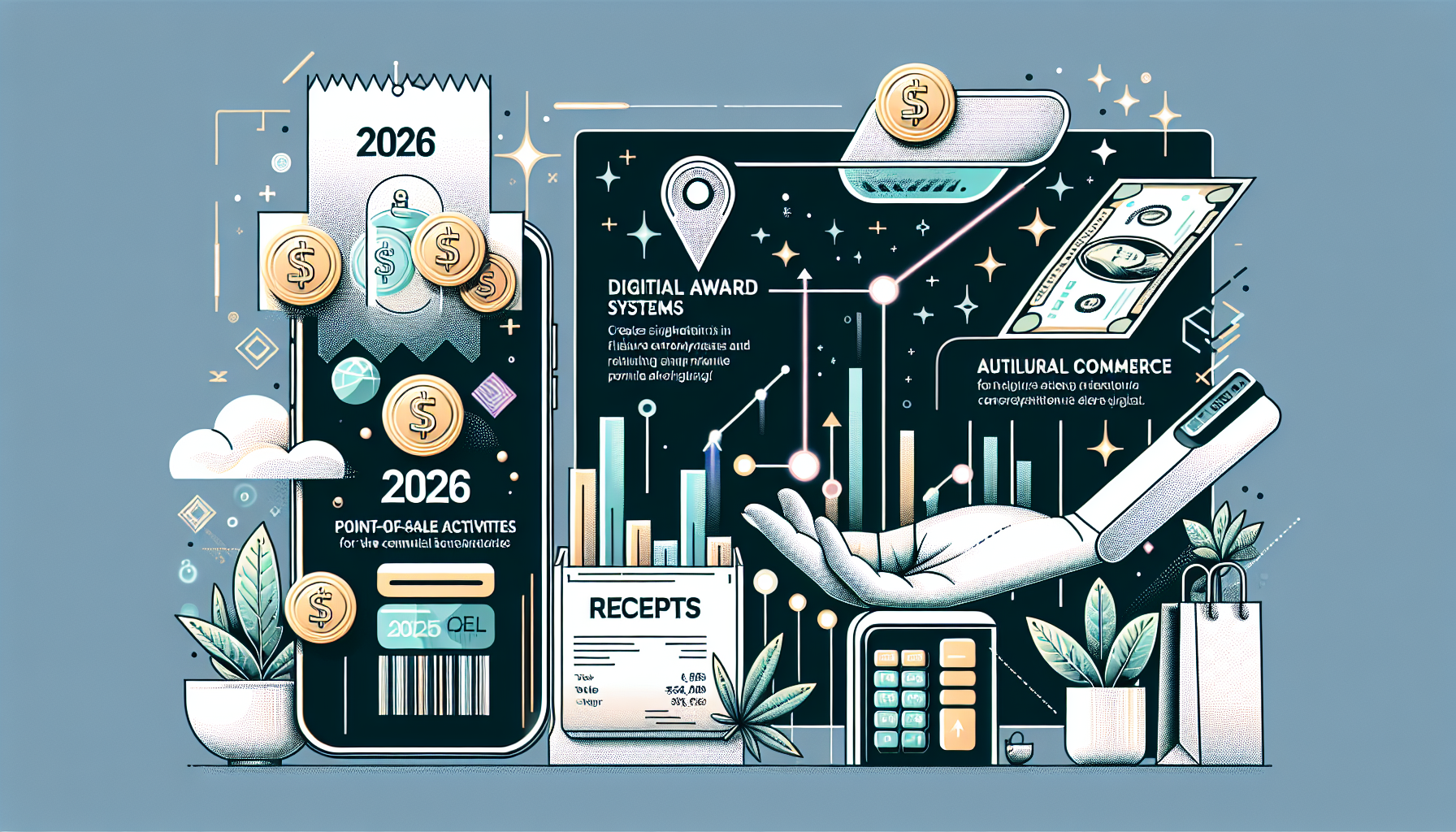 Illustration of 2026 POS trends including digital points, receipt earnings, and live commerce