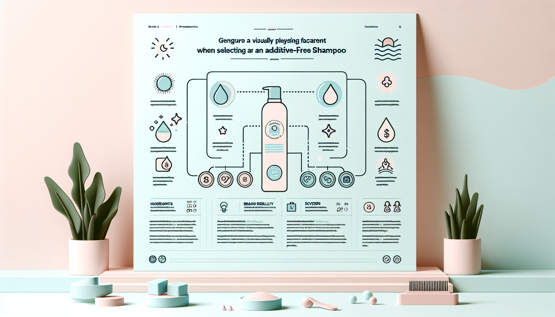 Infographic for choosing additive-free shampoo highlighting important factors such as ingredients, brand reliability, reviews, and price.
