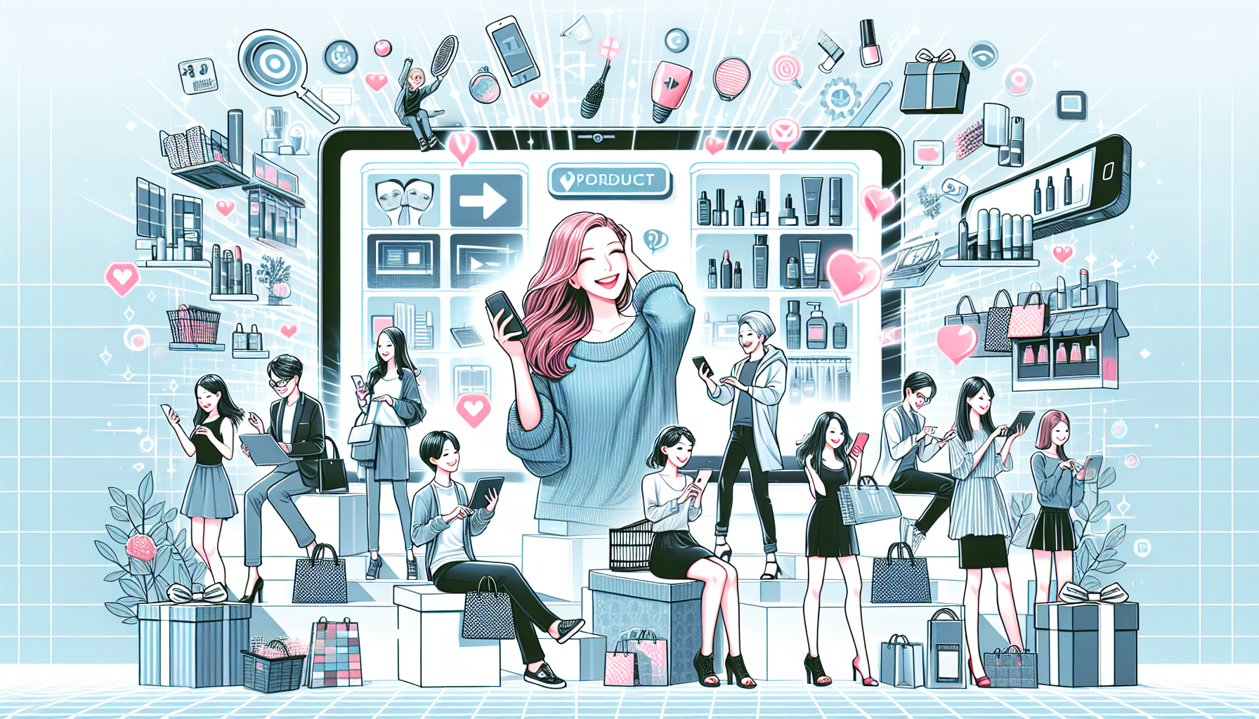 Illustration of a modern live shopping experience with diverse shoppers engaging with products online.