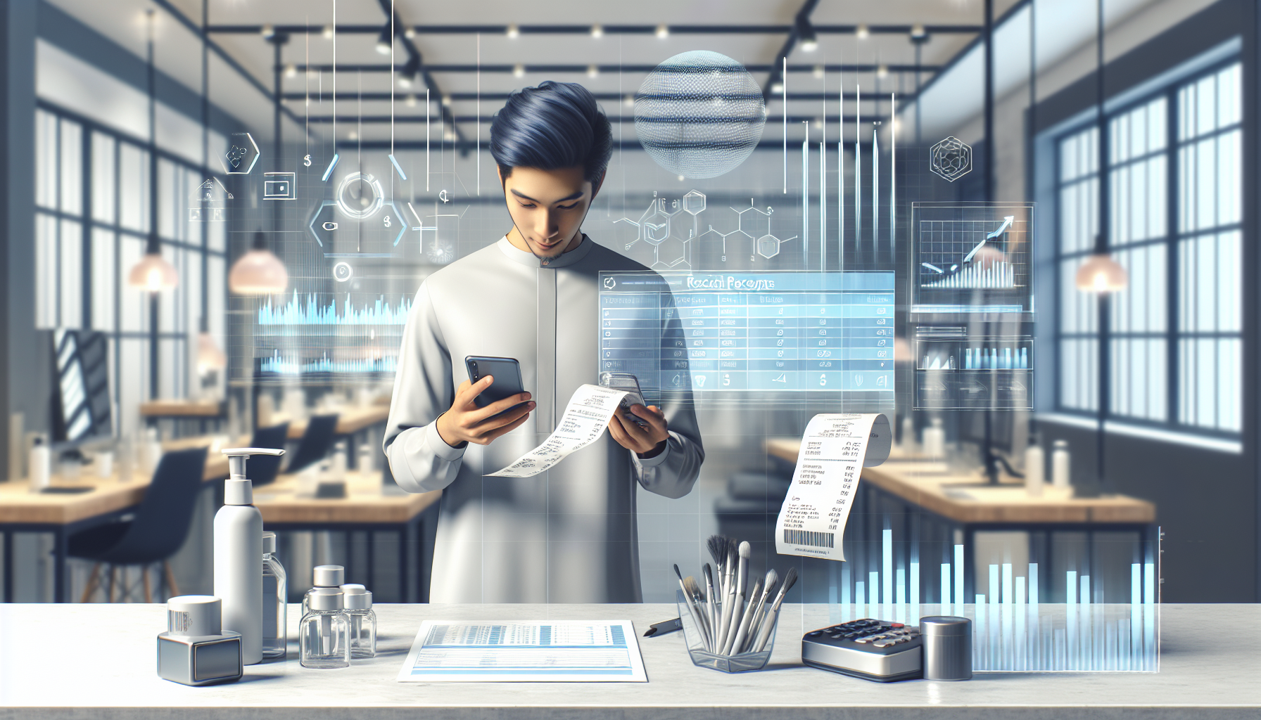 Person using receipt app on smartphone and tablet in a modern workspace