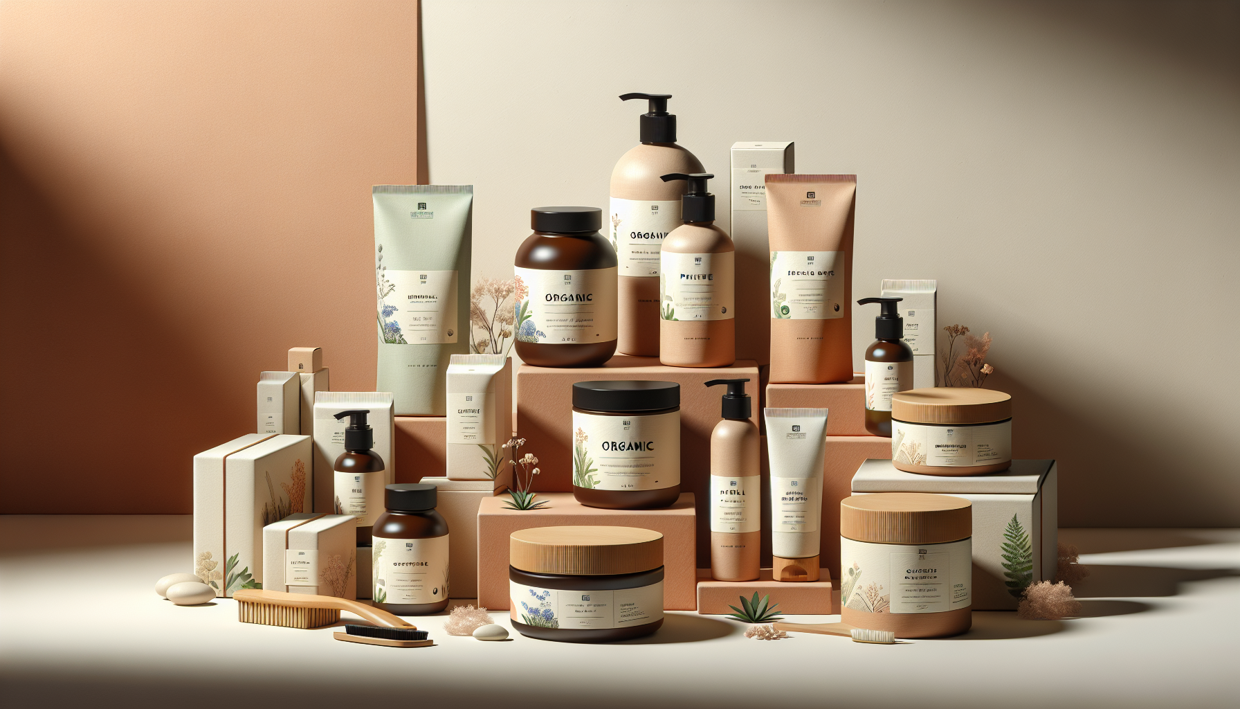 Illustration of various all-natural skincare products showcasing their organic ingredients.