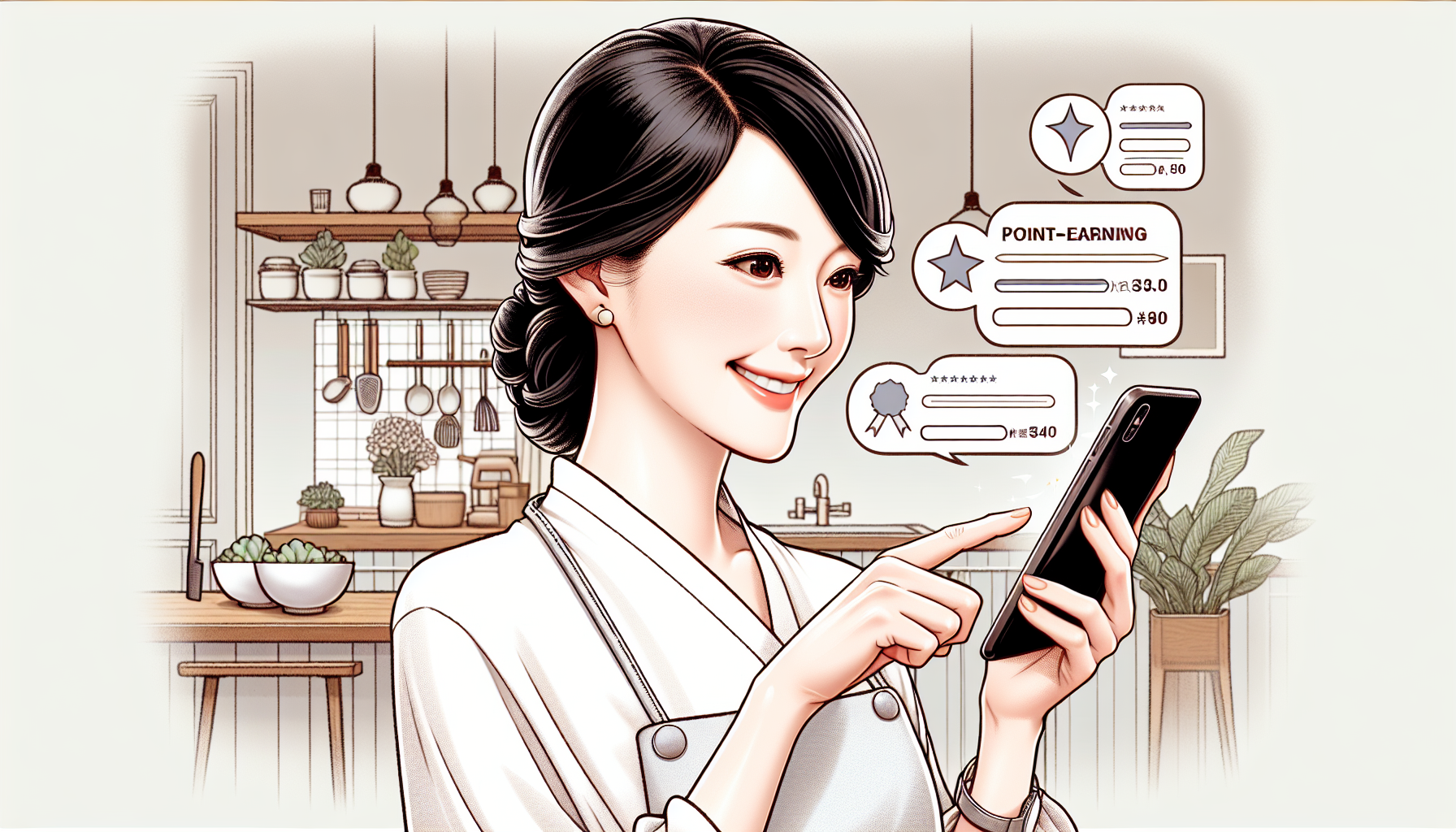 Housewife analyzing point-earning services on her smartphone in a cozy kitchen.