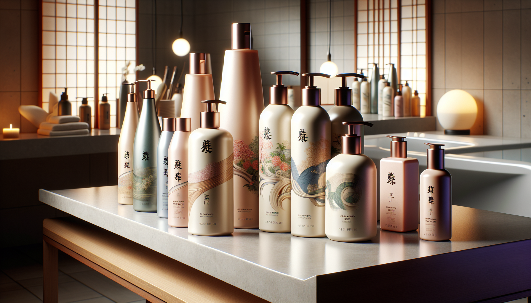 Array of high-end salon-exclusive shampoos on a modern vanity.