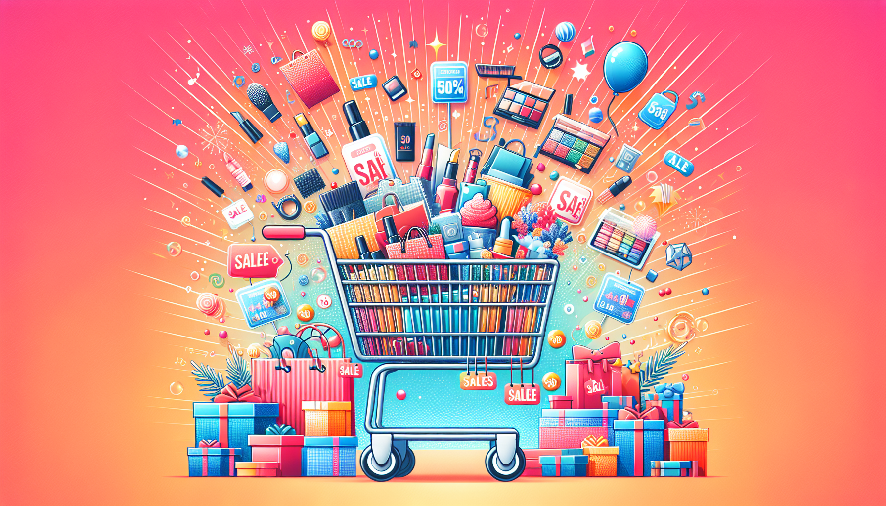 graphic depicting a shopping cart filled with discounted products for sales strategies.