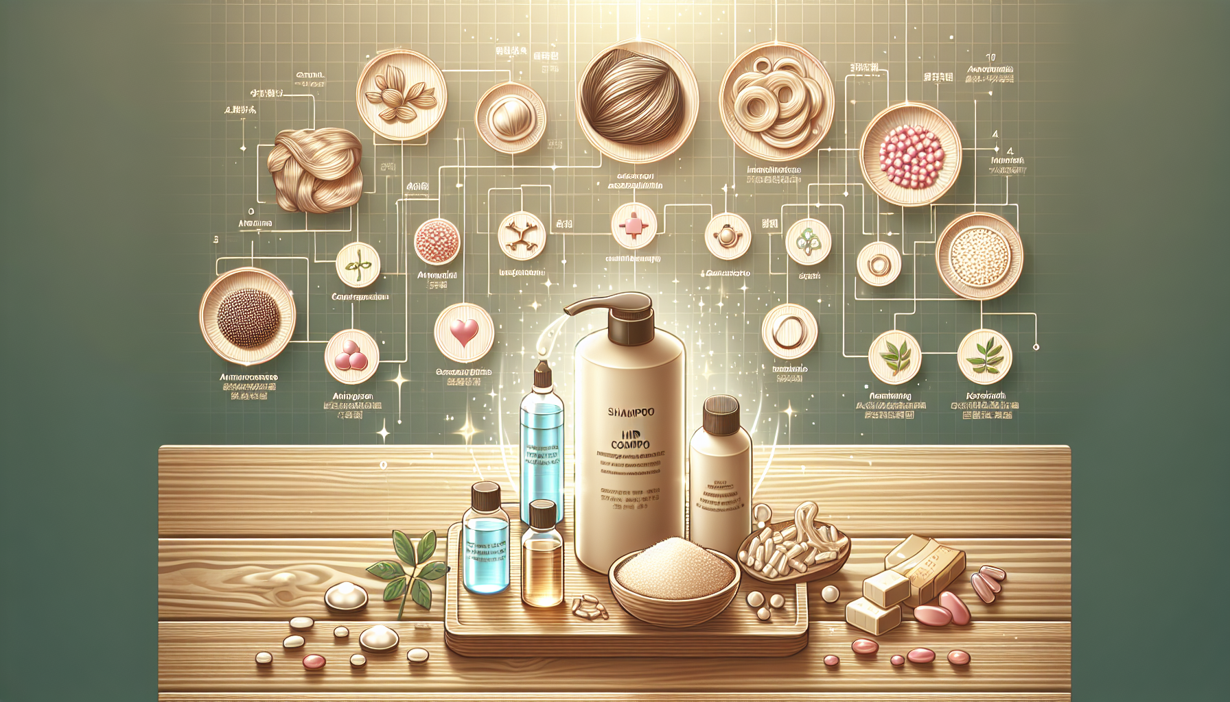 Illustration of hair care shampoo ingredients comparison for scalp health.