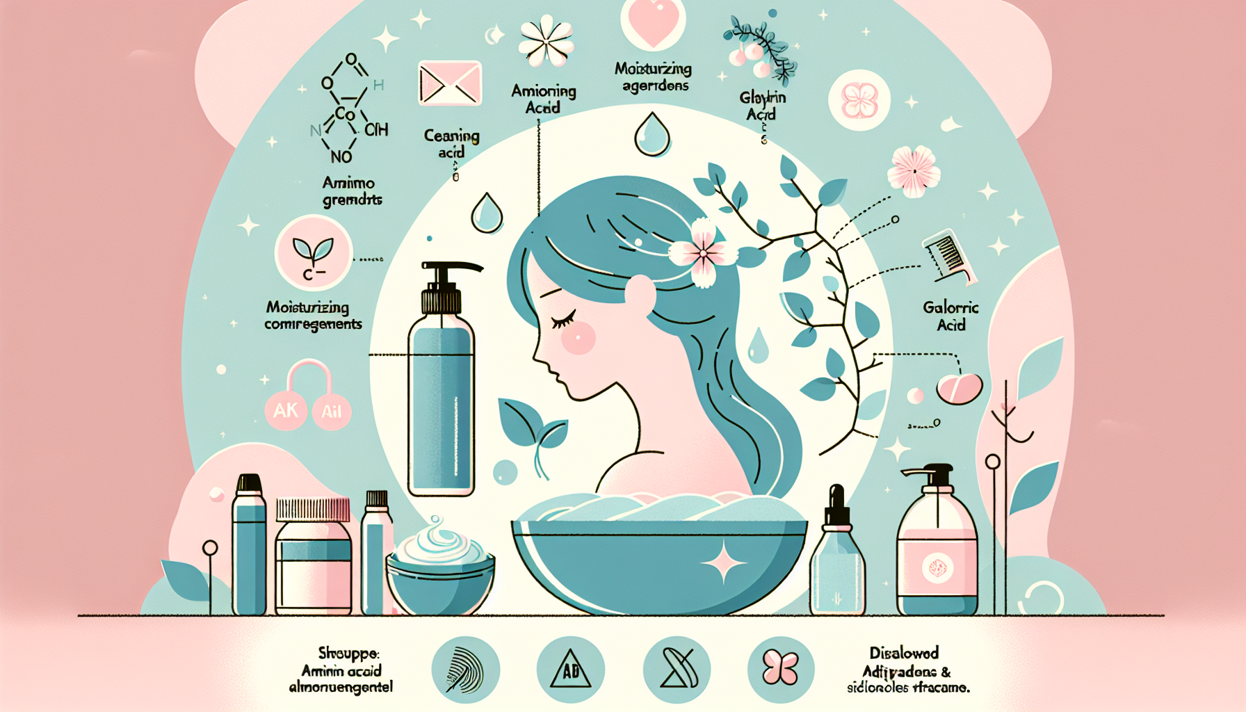 Graphic illustrating key points for choosing scalp-friendly shampoos, including amino acids, moisturizers, natural fragrances, and avoidance of harmful additives.