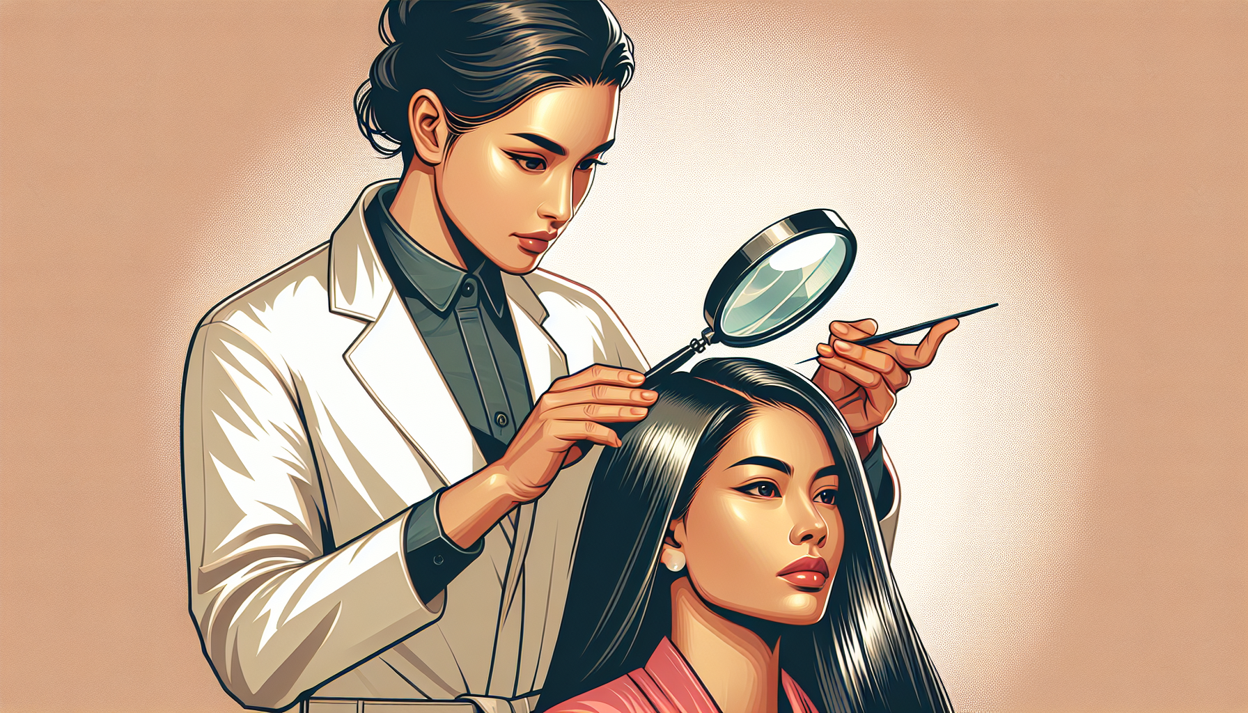 Haircare expert inspecting scalp to determine hair and scalp condition for choosing appropriate shampoo ingredients.