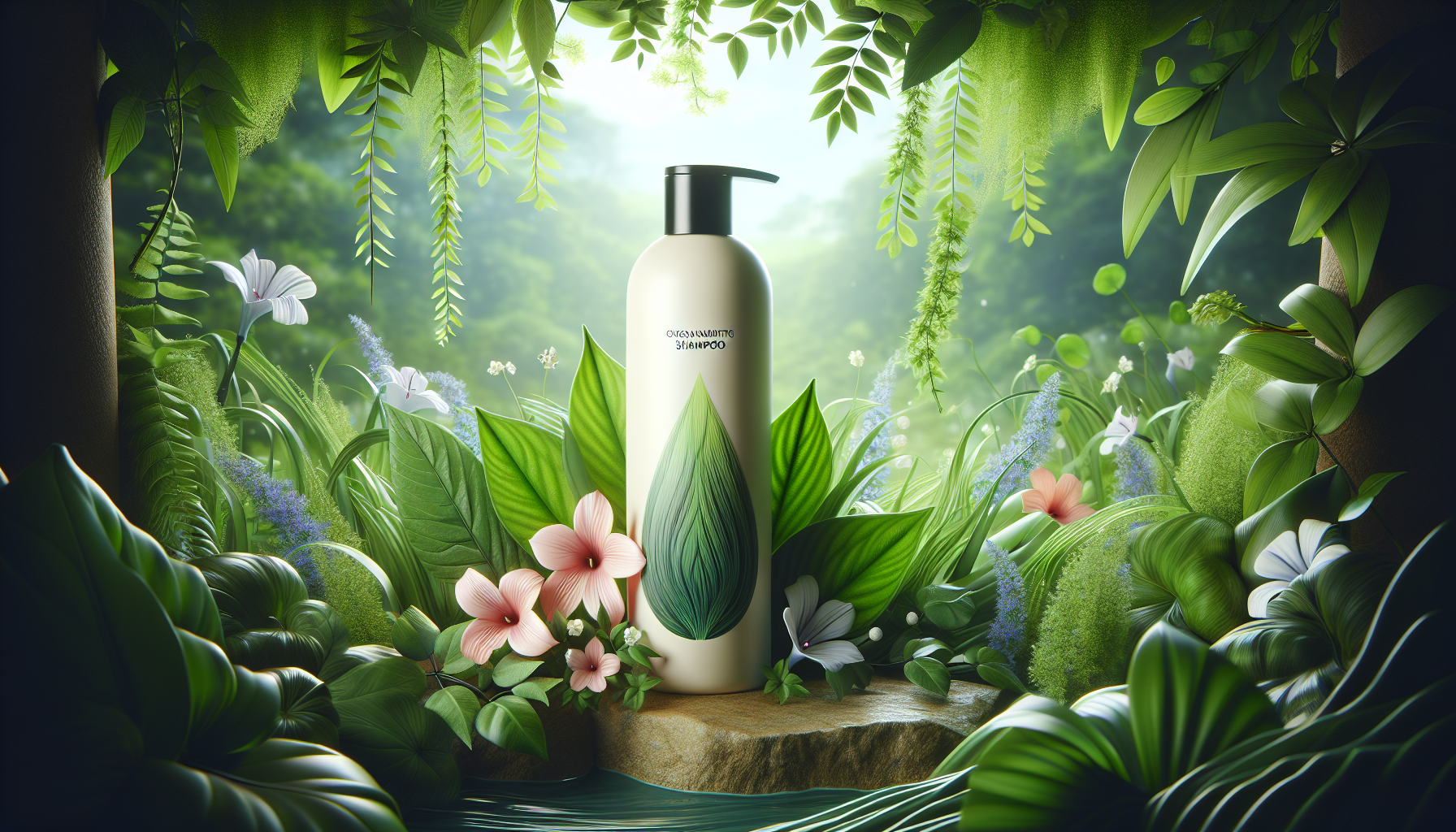 Eco-friendly shampoos with natural ingredients set in a lush green environment.