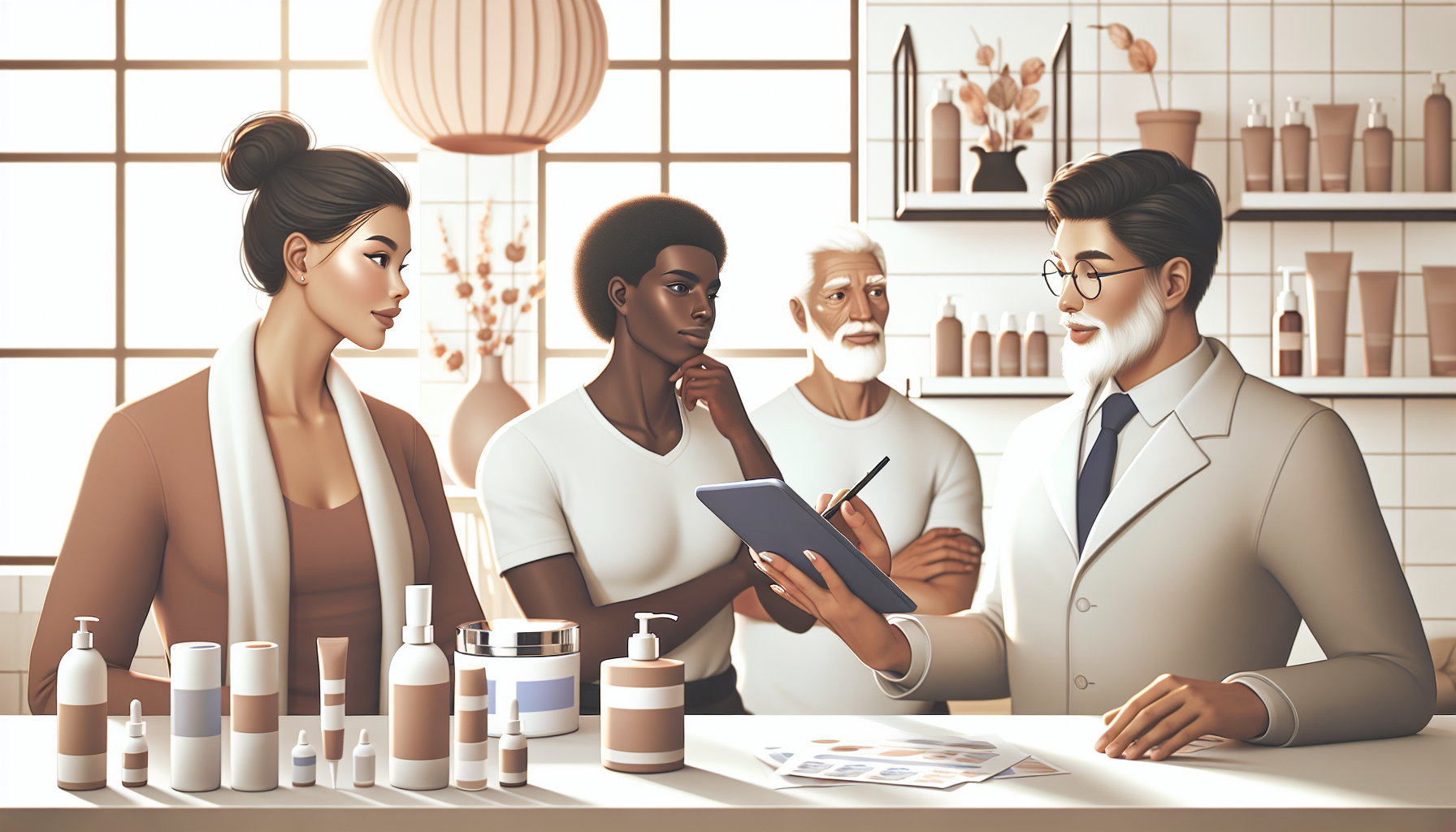 A skincare expert consulting with clients about common skin issues in a modern clinic.