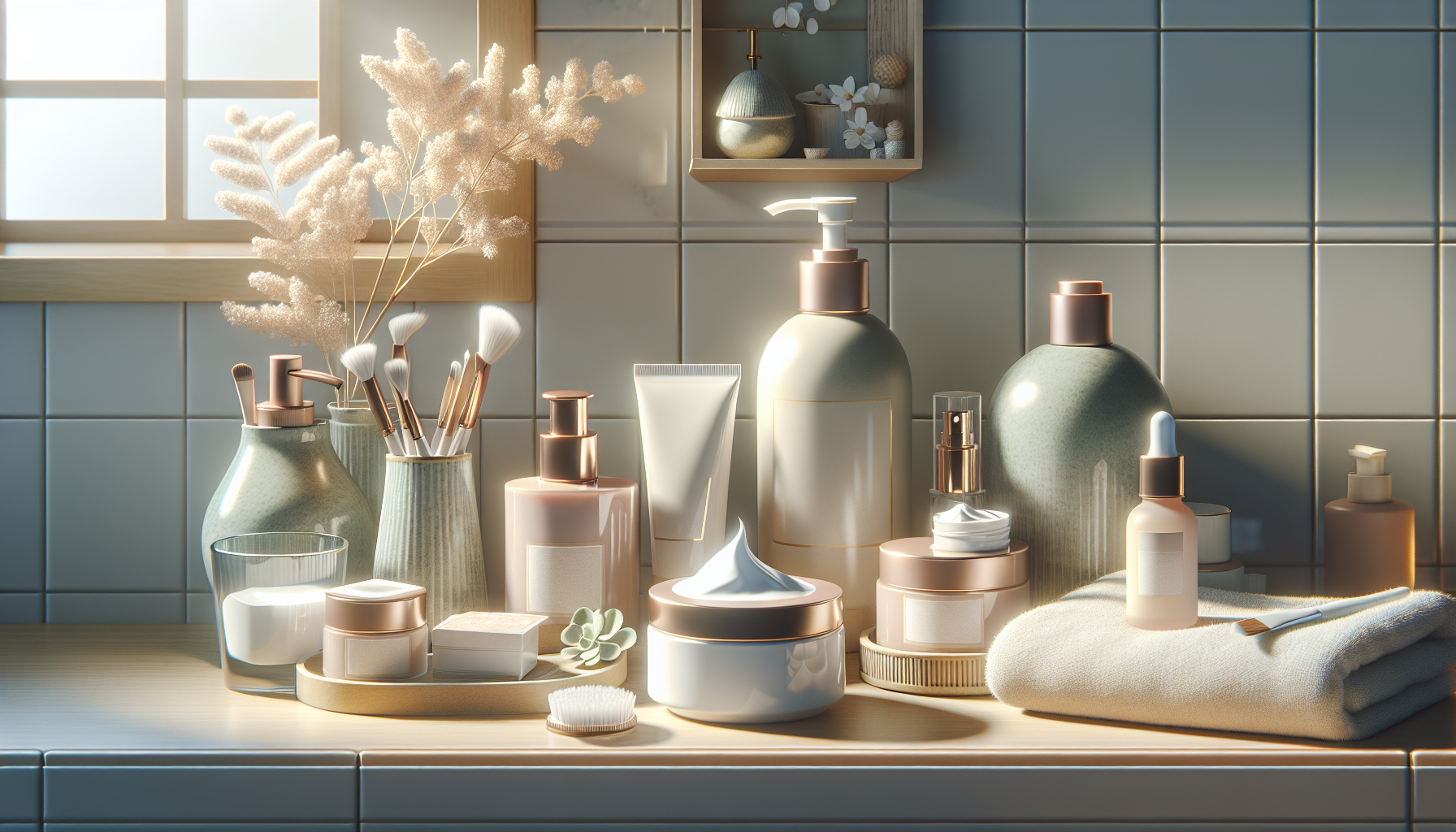 A beautiful display of skincare products including a foaming cleanser and a brightening mask.
